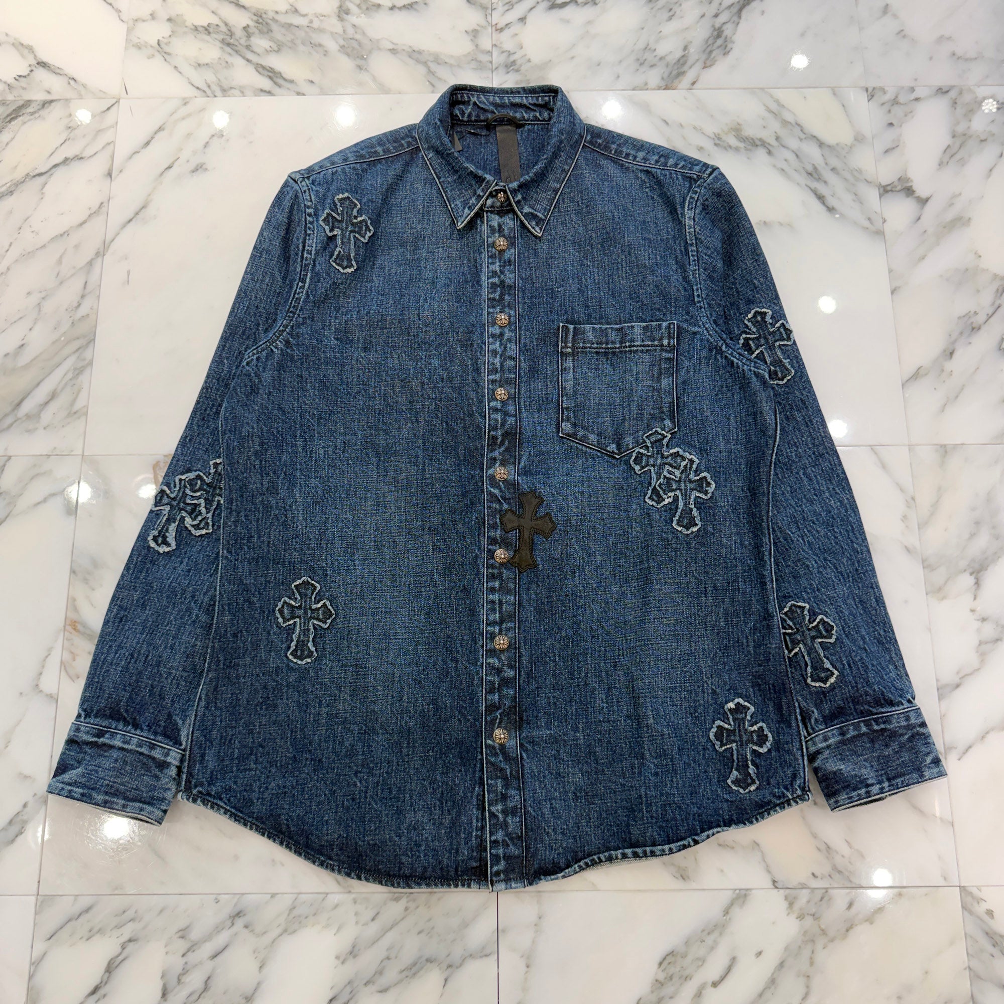 CHROME HEARTS YNOT Lucky Patch Denim Cross Patch Shirt Jacket Size L クロムハーツ ワイノット ラッキーパッチ デニムクロスパッチ シャツジャケット サイズL