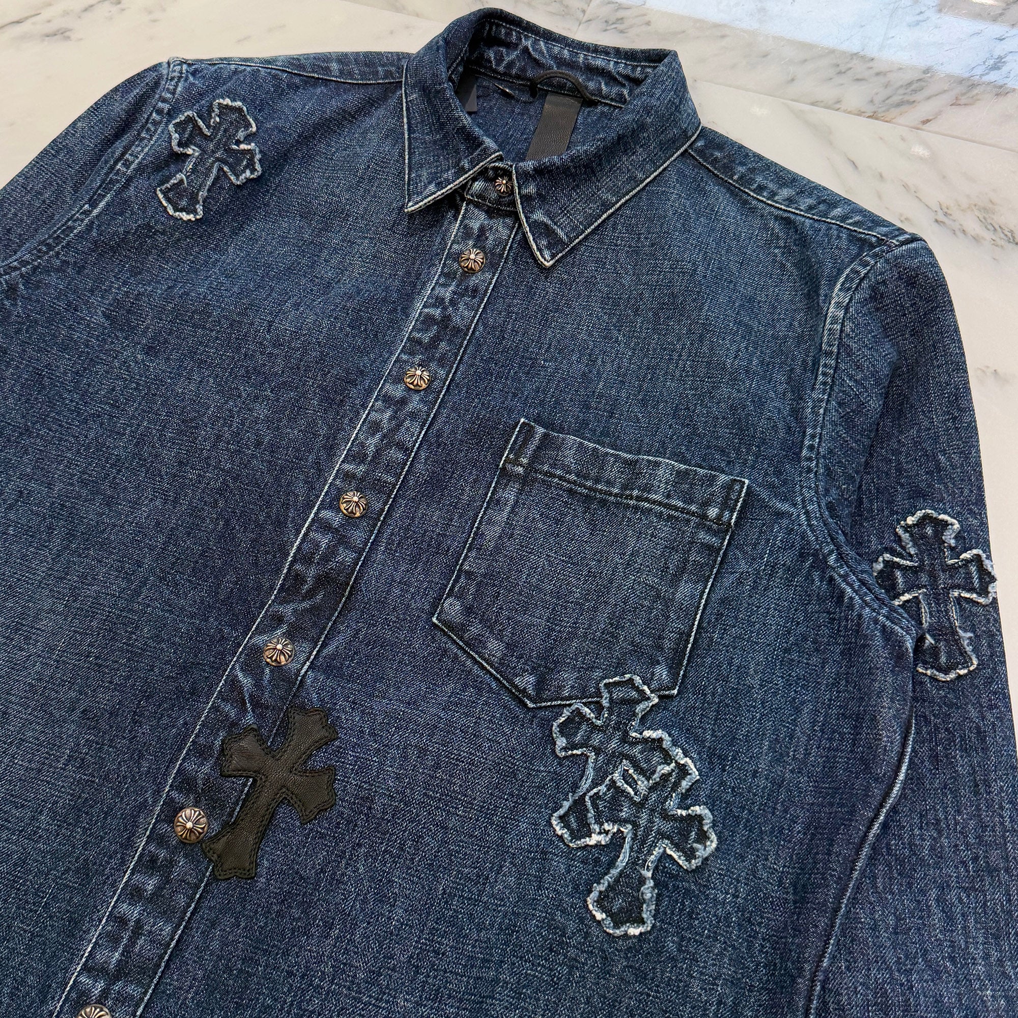 CHROME HEARTS YNOT Lucky Patch Denim Cross Patch Shirt Jacket Size L クロムハーツ ワイノット ラッキーパッチ デニムクロスパッチ シャツジャケット サイズL