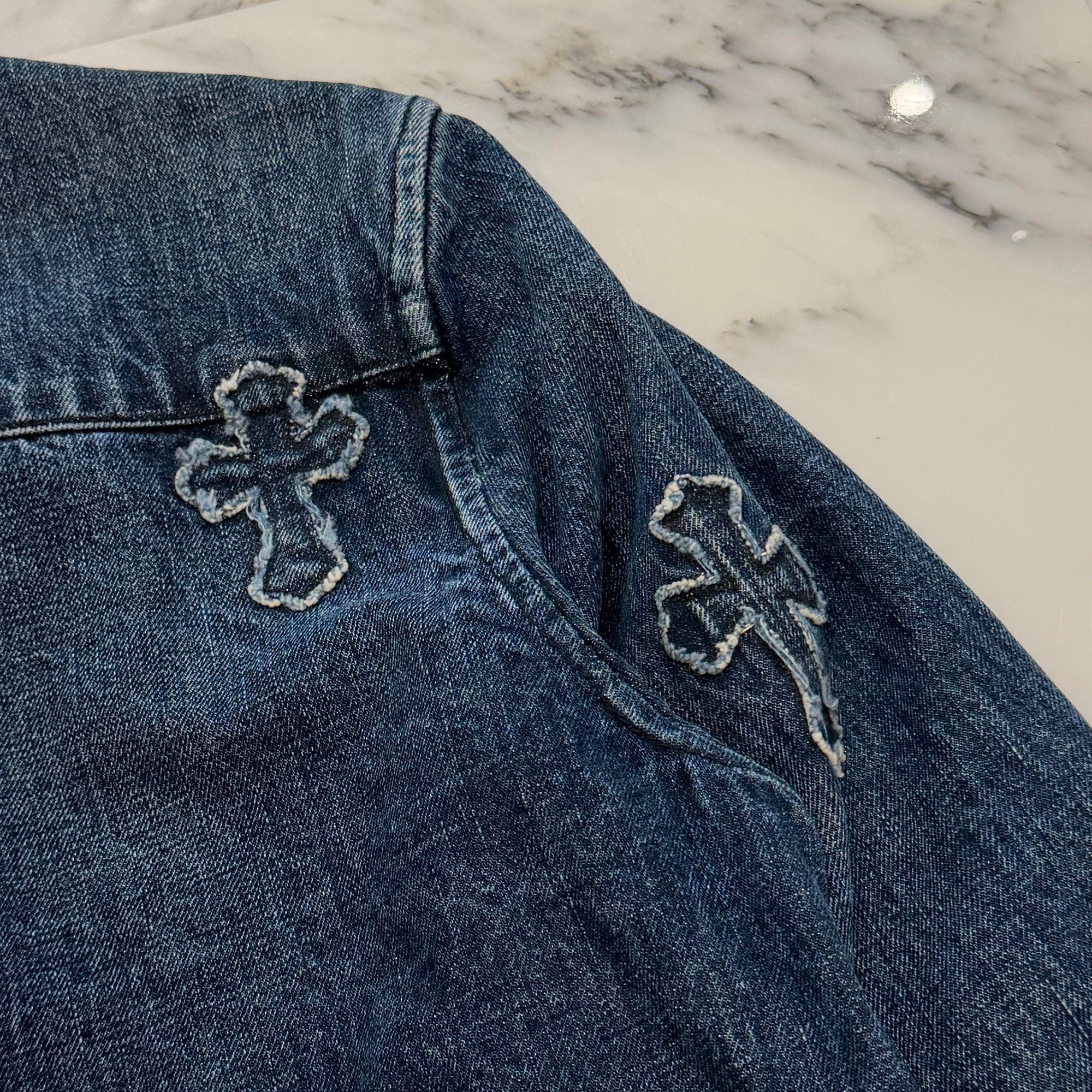 CHROME HEARTS YNOT Lucky Patch Denim Cross Patch Shirt Jacket Size L クロムハーツ ワイノット ラッキーパッチ デニムクロスパッチ シャツジャケット サイズL