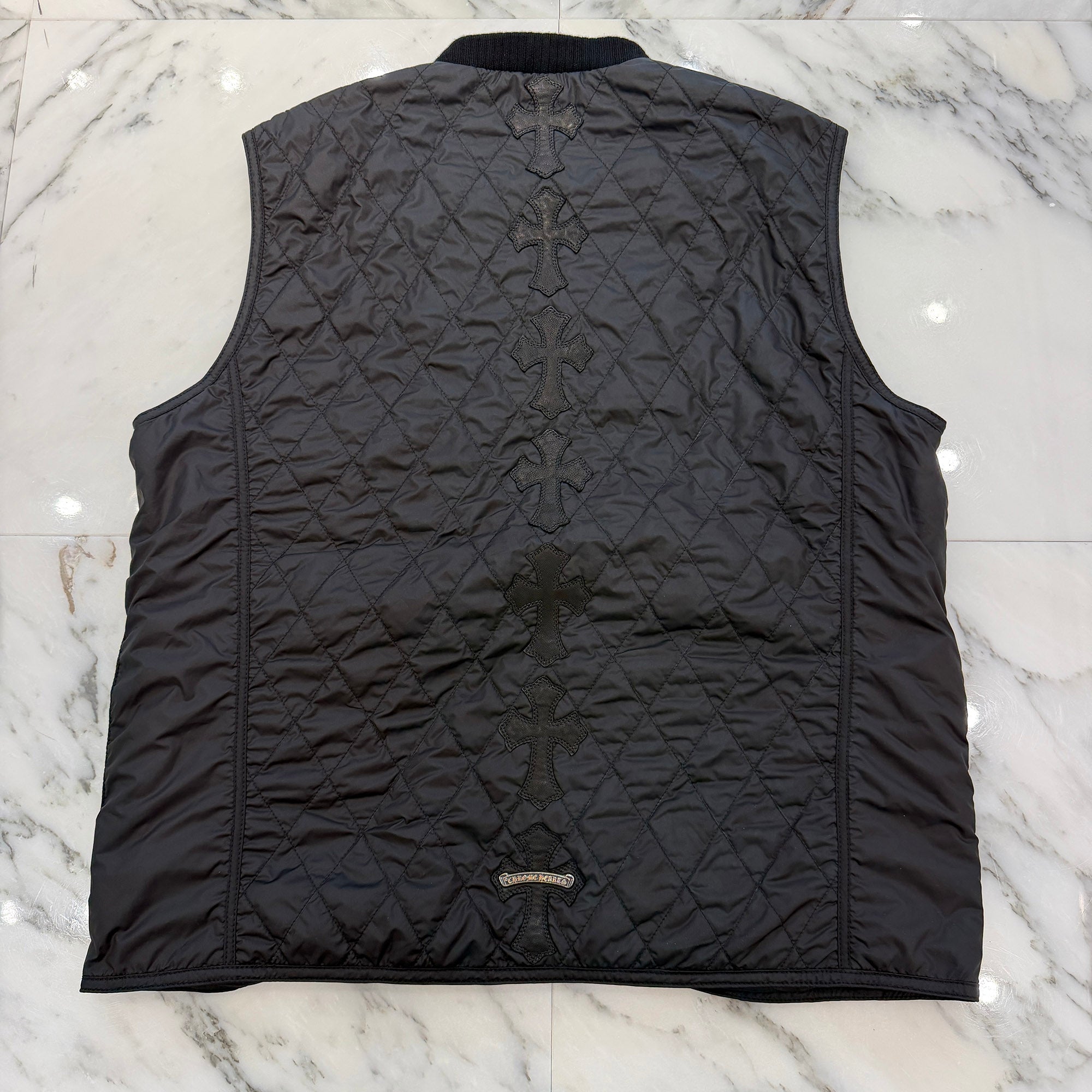 CHROME HEARTS Papa Leather Cross Patch Quilting Vest Size L クロムハーツ パパ レザークロスパッチ ベスト サイズL