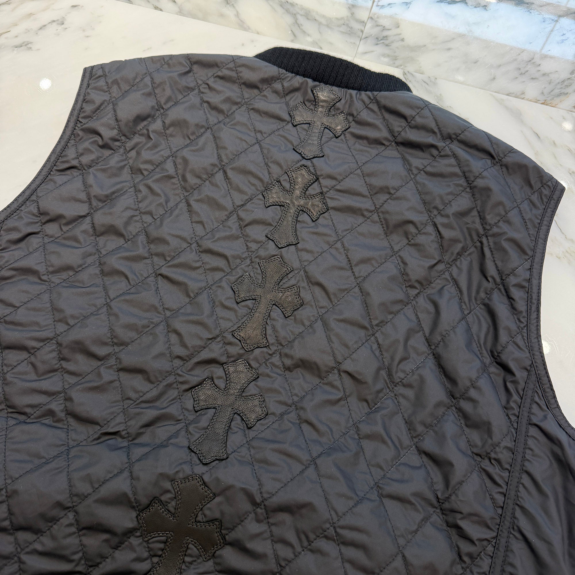 CHROME HEARTS Papa Leather Cross Patch Quilting Vest Size L クロムハーツ パパ レザークロスパッチ ベスト サイズL