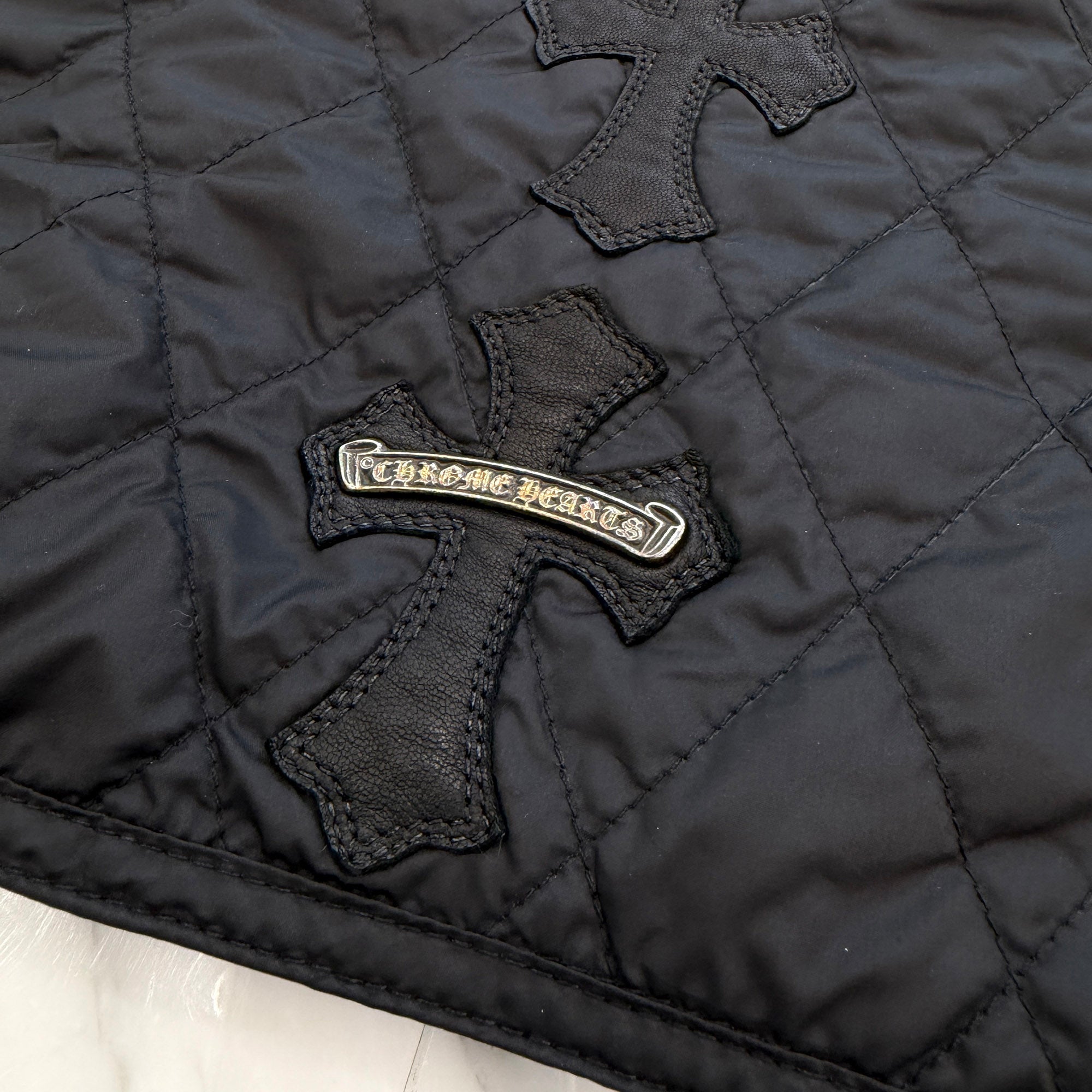 CHROME HEARTS Papa Leather Cross Patch Quilting Vest Size L クロムハーツ パパ レザークロスパッチ ベスト サイズL