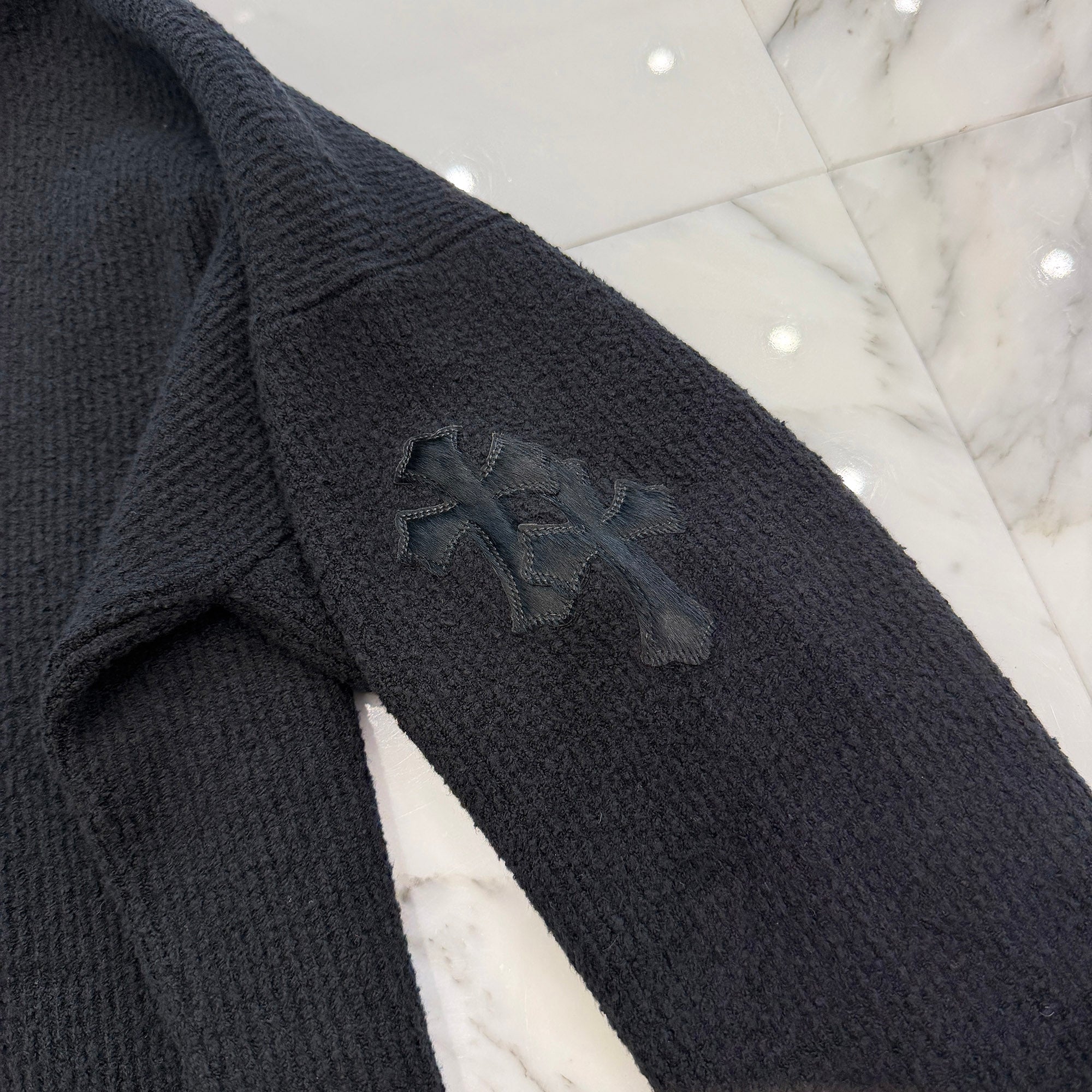 CHROME HEARTS Y NOT Harako Leather Cross Patch Knit Pullover Hoodie Size XSM/SML クロムハーツ ワイノット ハラコレザー クロスパッチ ニット プルオーバーフーディー サイズXSM/SML