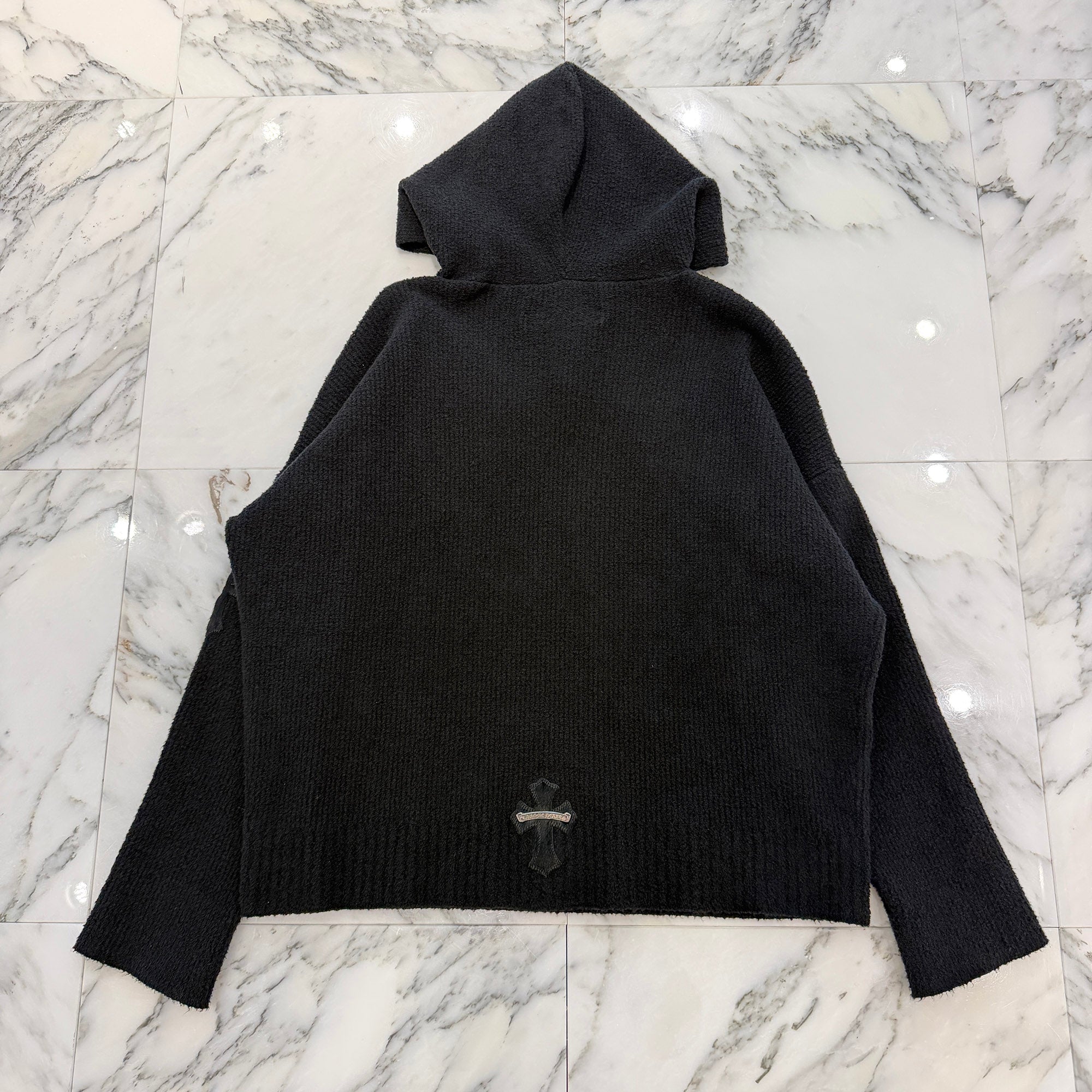 CHROME HEARTS Y NOT Harako Leather Cross Patch Knit Pullover Hoodie Size XSM/SML クロムハーツ ワイノット ハラコレザー クロスパッチ ニット プルオーバーフーディー サイズXSM/SML