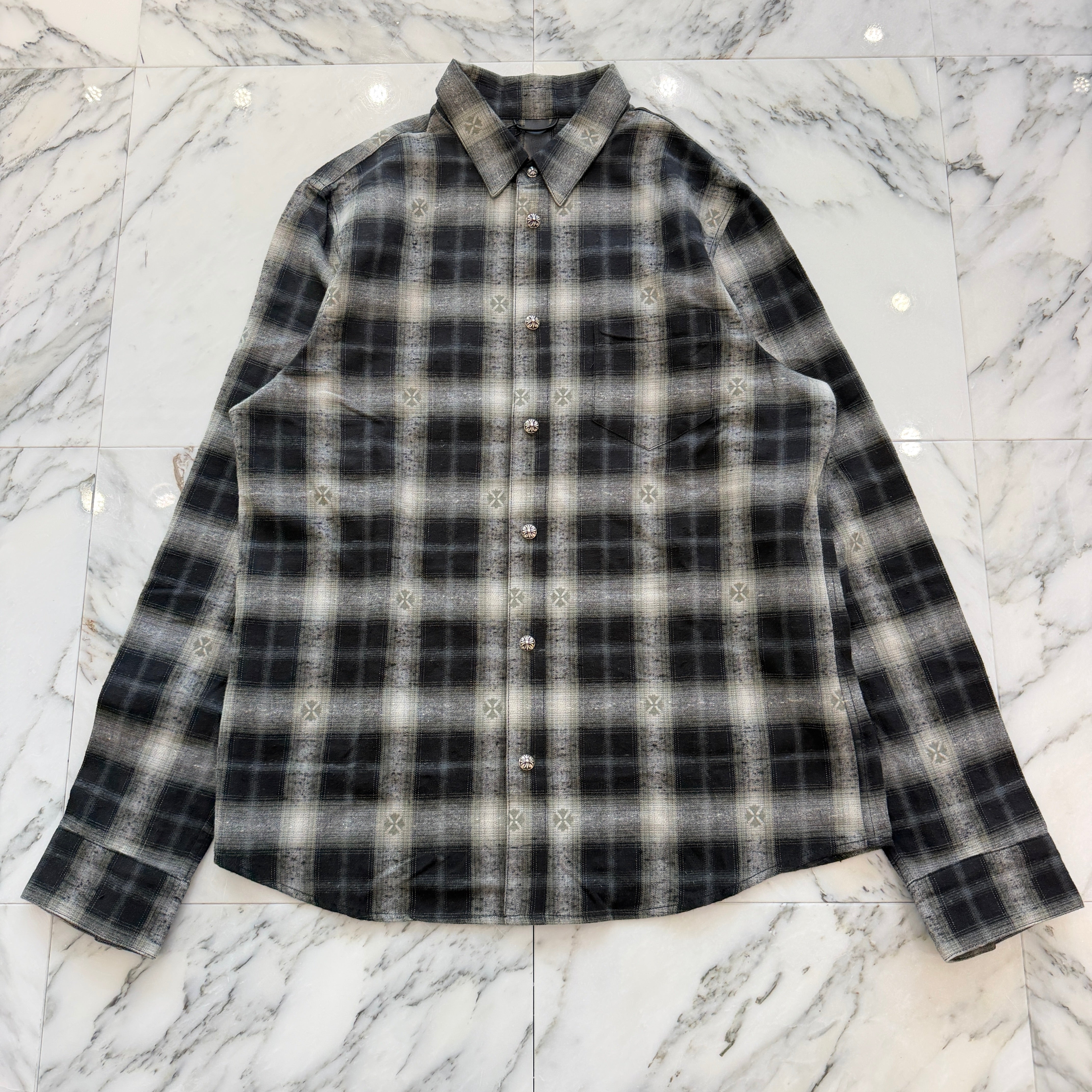 CHROME HEARTS Loose Ends Cross Leather Patch Check Shirt Size L クロムハーツ ルーズエンド クロスレザーパッチ チェック シャツ サイズL