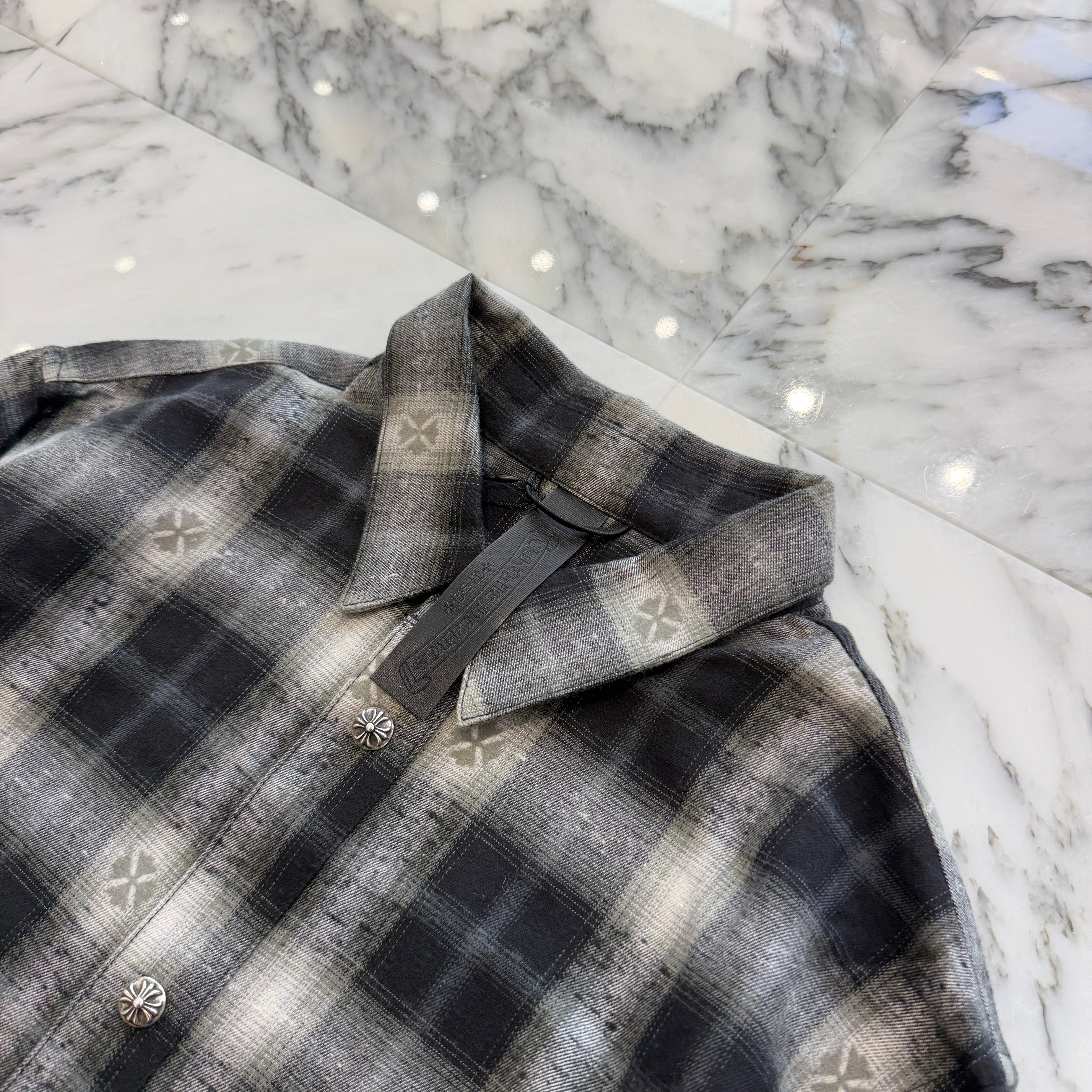 CHROME HEARTS Loose Ends Cross Leather Patch Check Shirt Size L クロムハーツ ルーズエンド クロスレザーパッチ チェック シャツ サイズL