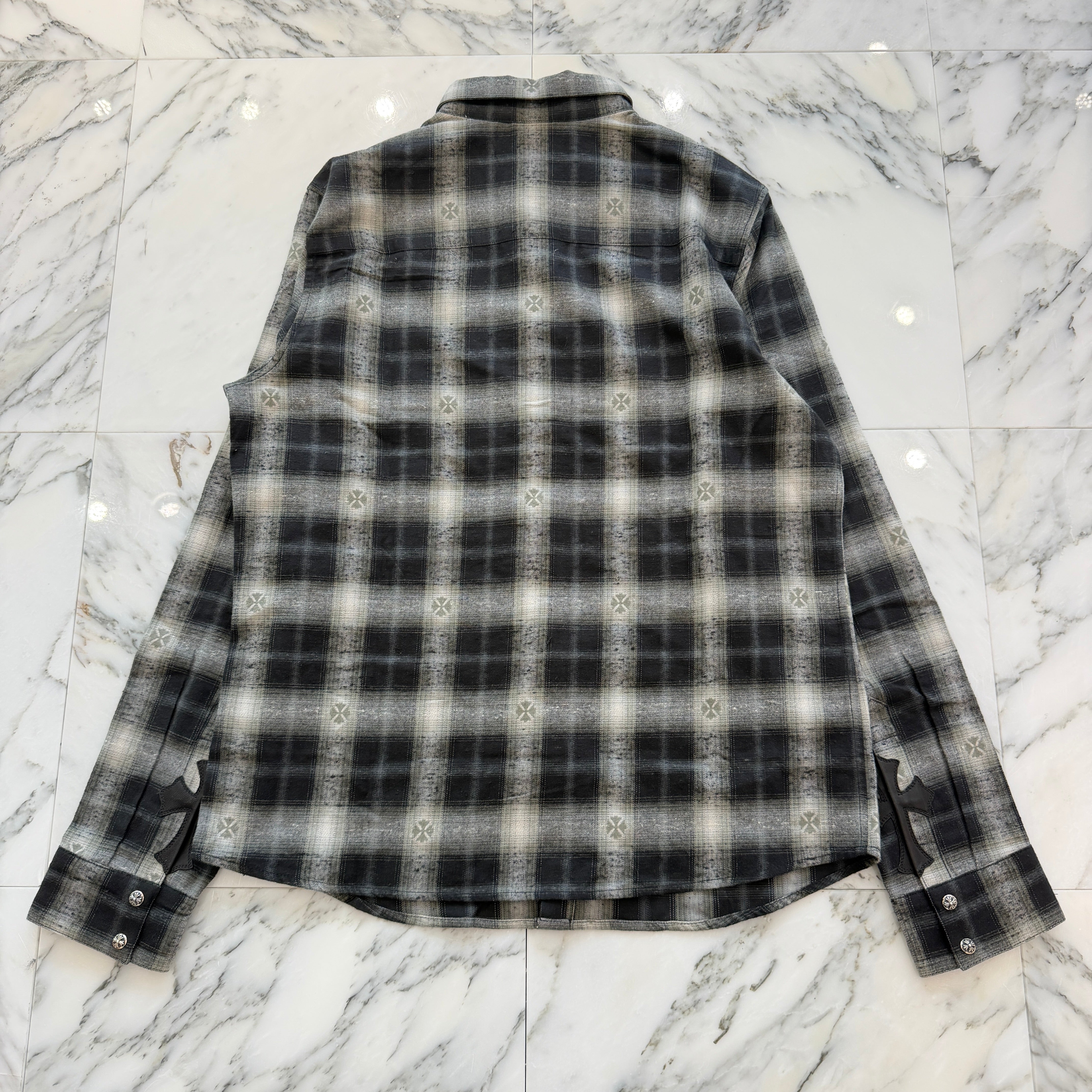 CHROME HEARTS Loose Ends Cross Leather Patch Check Shirt Size L クロムハーツ ルーズエンド クロスレザーパッチ チェック シャツ サイズL