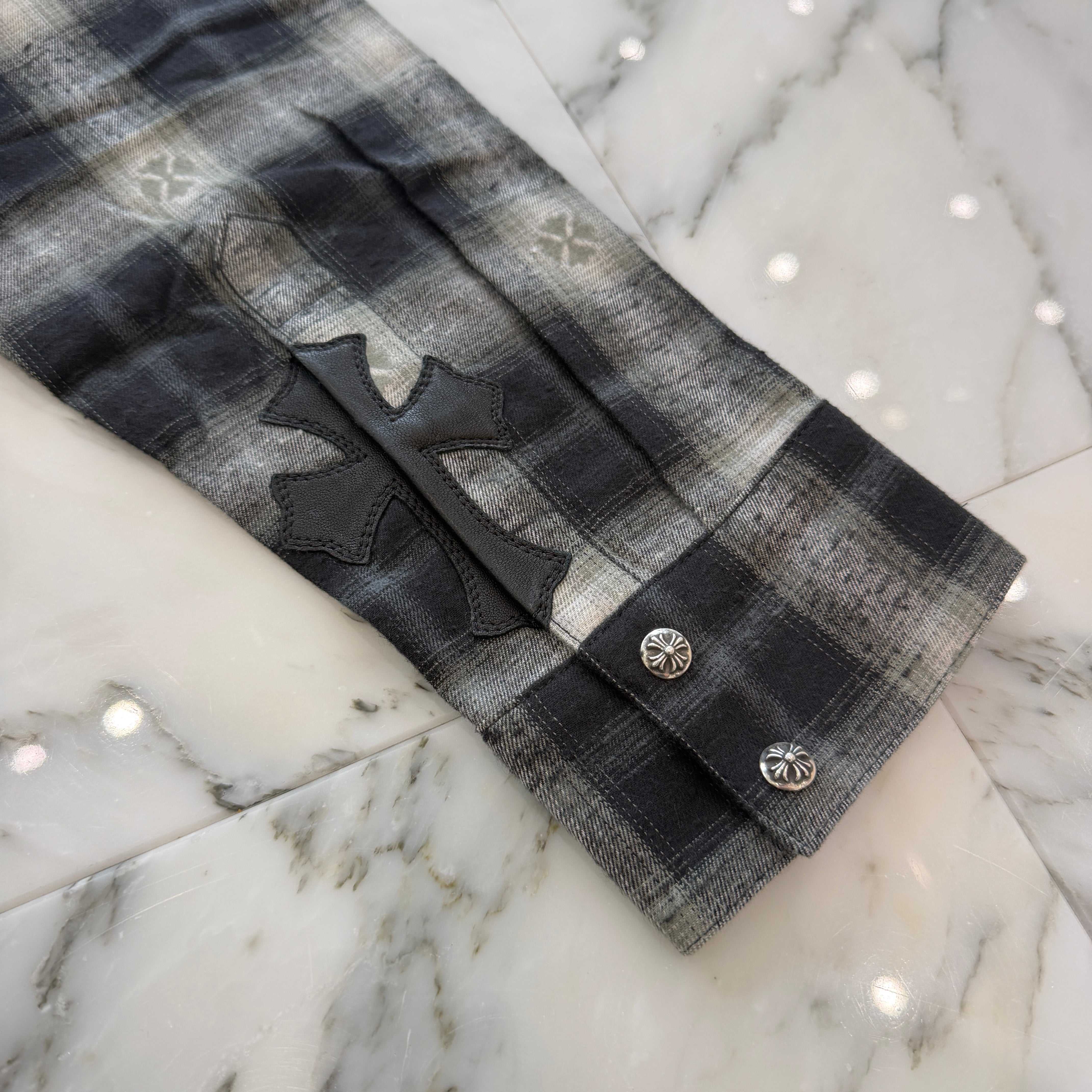 CHROME HEARTS Loose Ends Cross Leather Patch Check Shirt Size L クロムハーツ ルーズエンド クロスレザーパッチ チェック シャツ サイズL