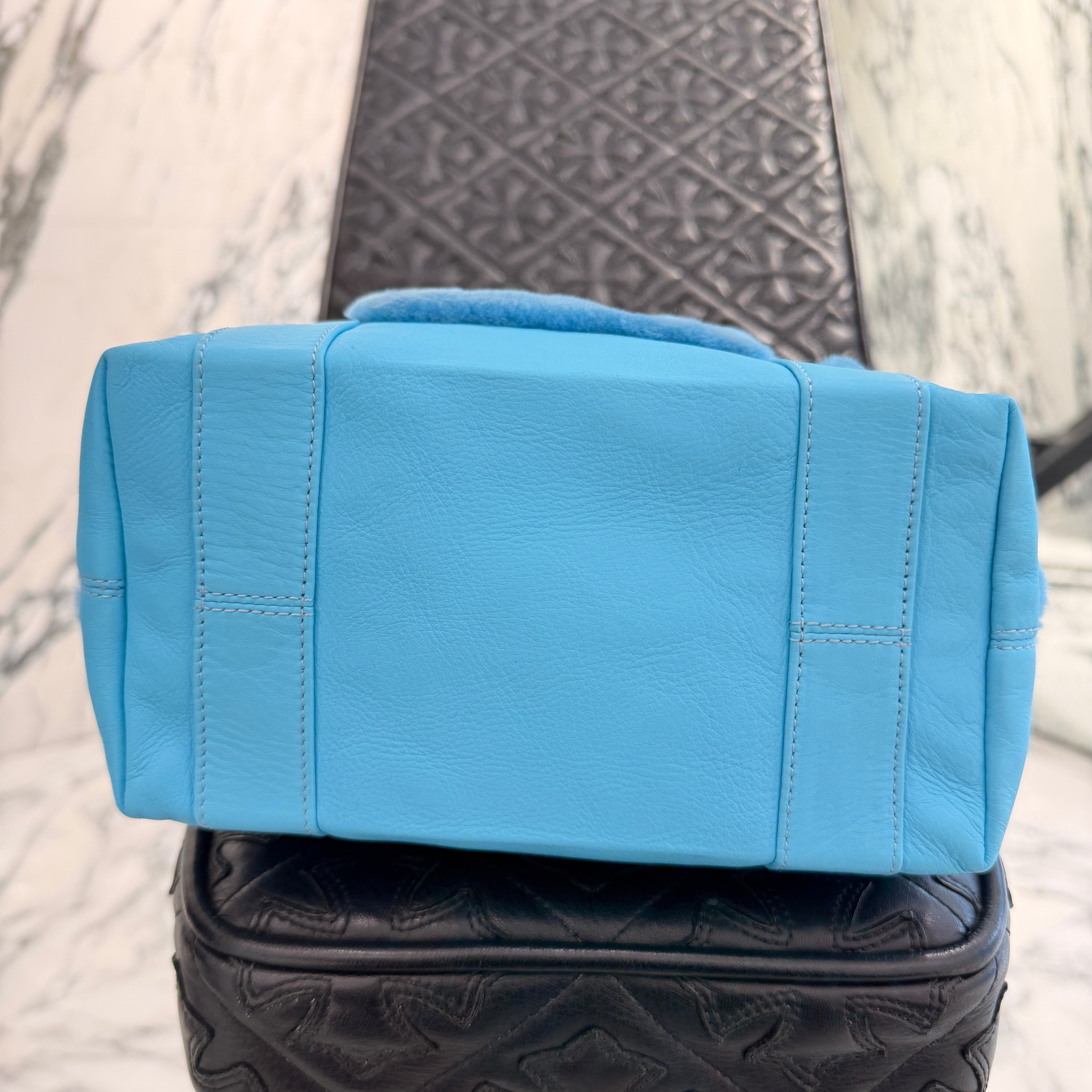 CHROME HEARTS Blue 3 Cemetery Cross Patch Fur Leather Tote Mini Bag クロムハーツ ブルー3セメタリークロスパッチ ファーレザートートミニバッグ