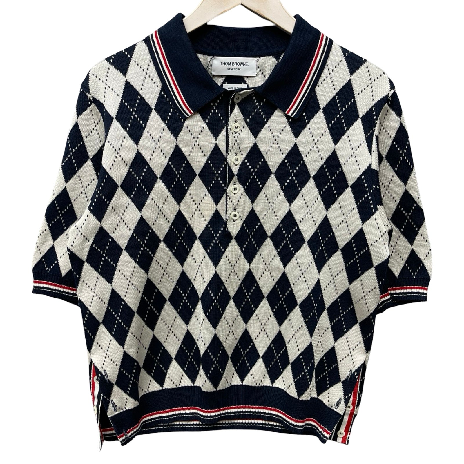 THOM BROWNE 2024SS Argyle Cotton Silk Striped Piping Polo Shirt MKP068AY3504415 Size 2