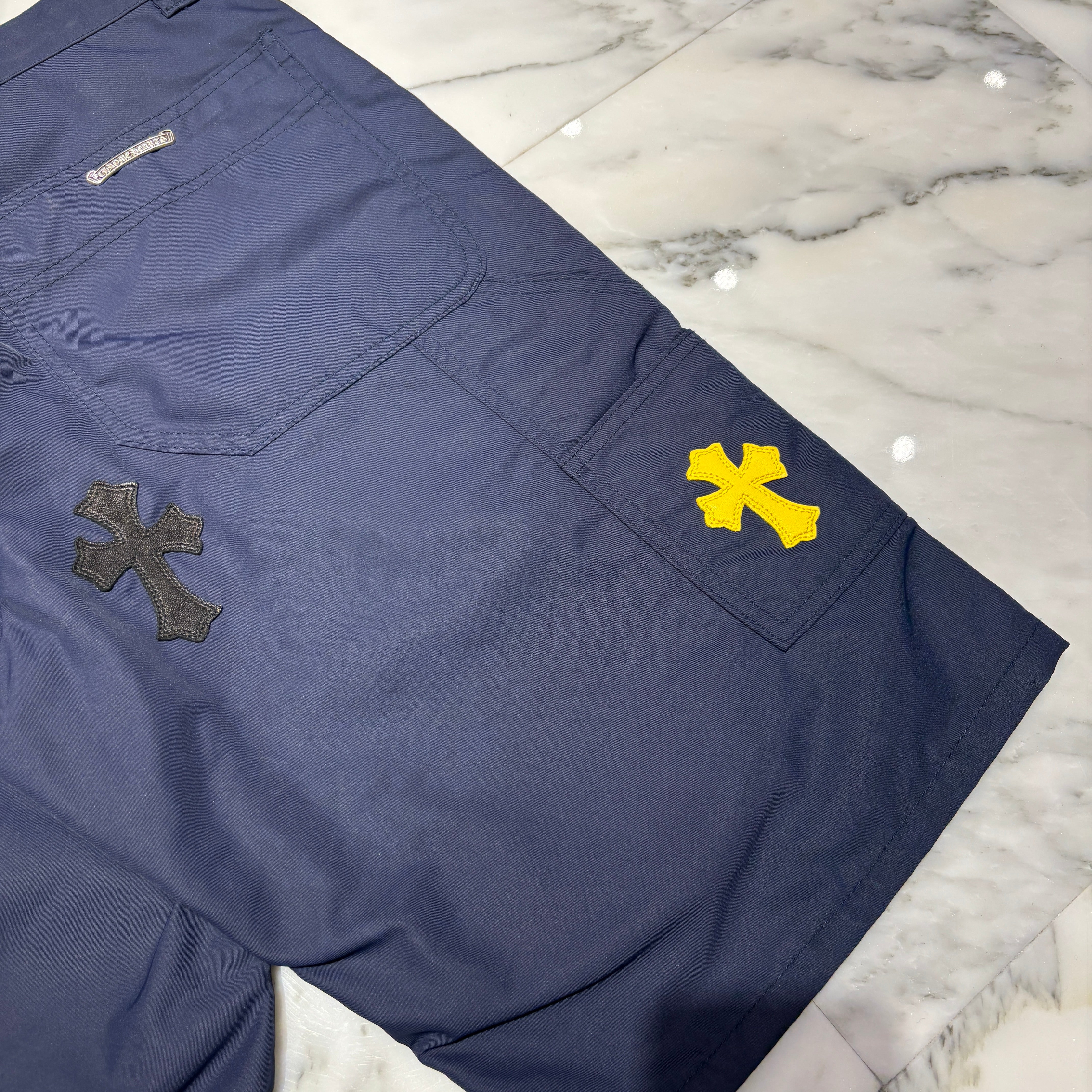 CHROME HEARTS Carpenter Leather Double Knee Leather Cross Patch Nylon Half Pants Size 32 クロムハ―ツ カーペンター レザーダブルニー レザークロスパッチ  ナイロンハーフパンツ サイズ32