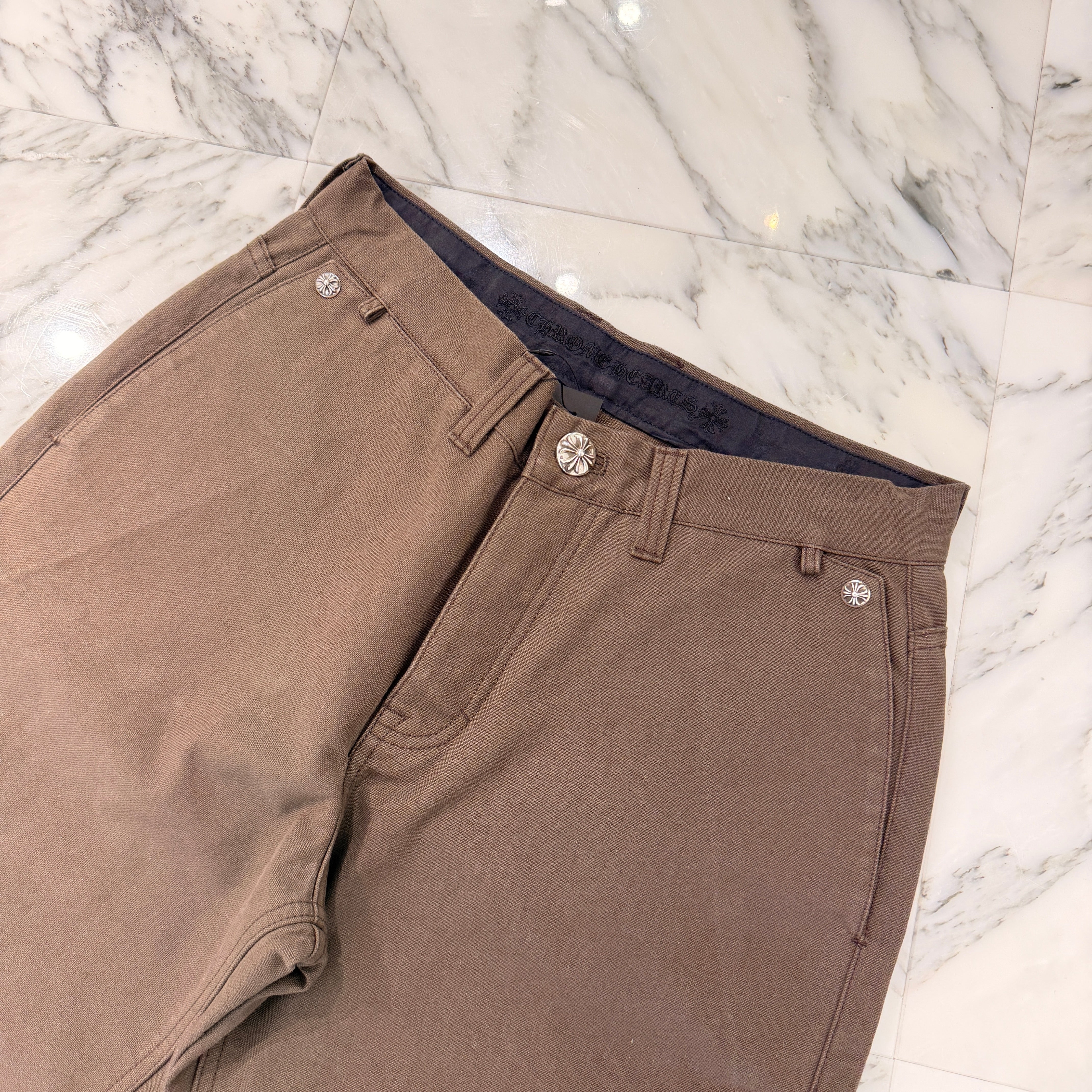 CHROME HEARTS Cemetery Cross Leather Patch Cotton Cargo Pants Size 31 クロムハーツ セメタリー クロス レザー パッチ コットン カーゴ パンツ ブラウン サイズ31