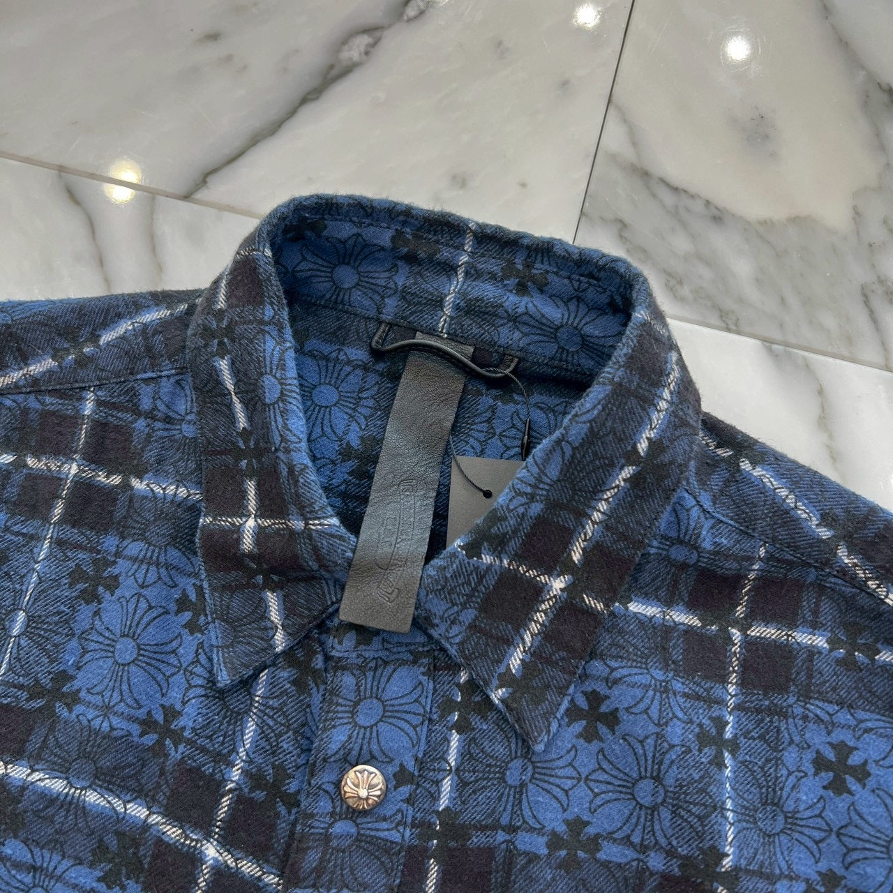 CHROME HEARTS Loose Ends Cross Leather Patch Check Shirt Size M クロムハーツ ルーズエンド クロスレザーパッチ チェック シャツ サイズM