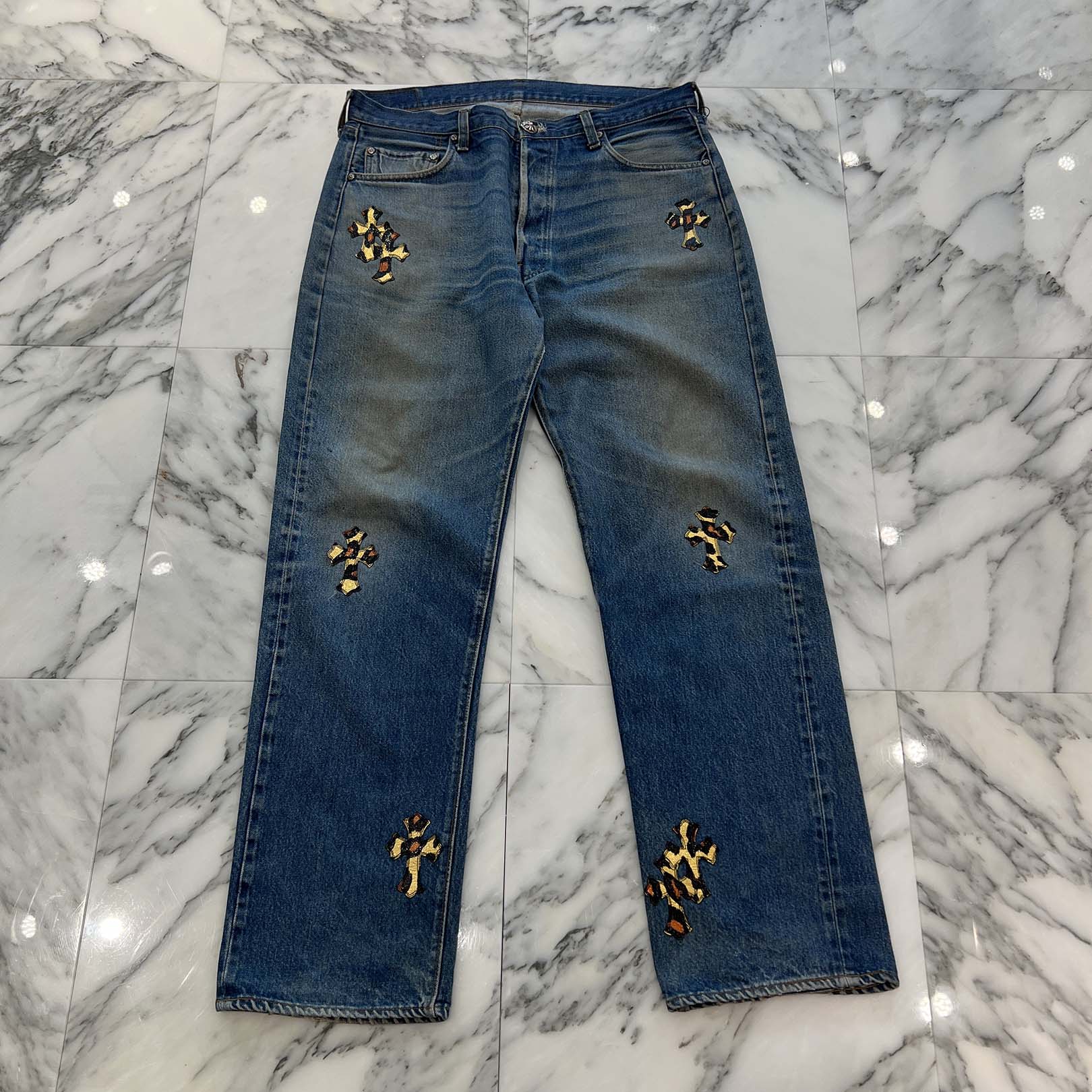CHROME HEARTS × Levi's 501 VNTG Patent Leopard Leather Cross Patch Jeans Size 33 クロムハーツ × リーバイス 501 ヴィンテージ パテント レオパード レザークロスパッチ ジーンズ デニムパンツ サイズ33