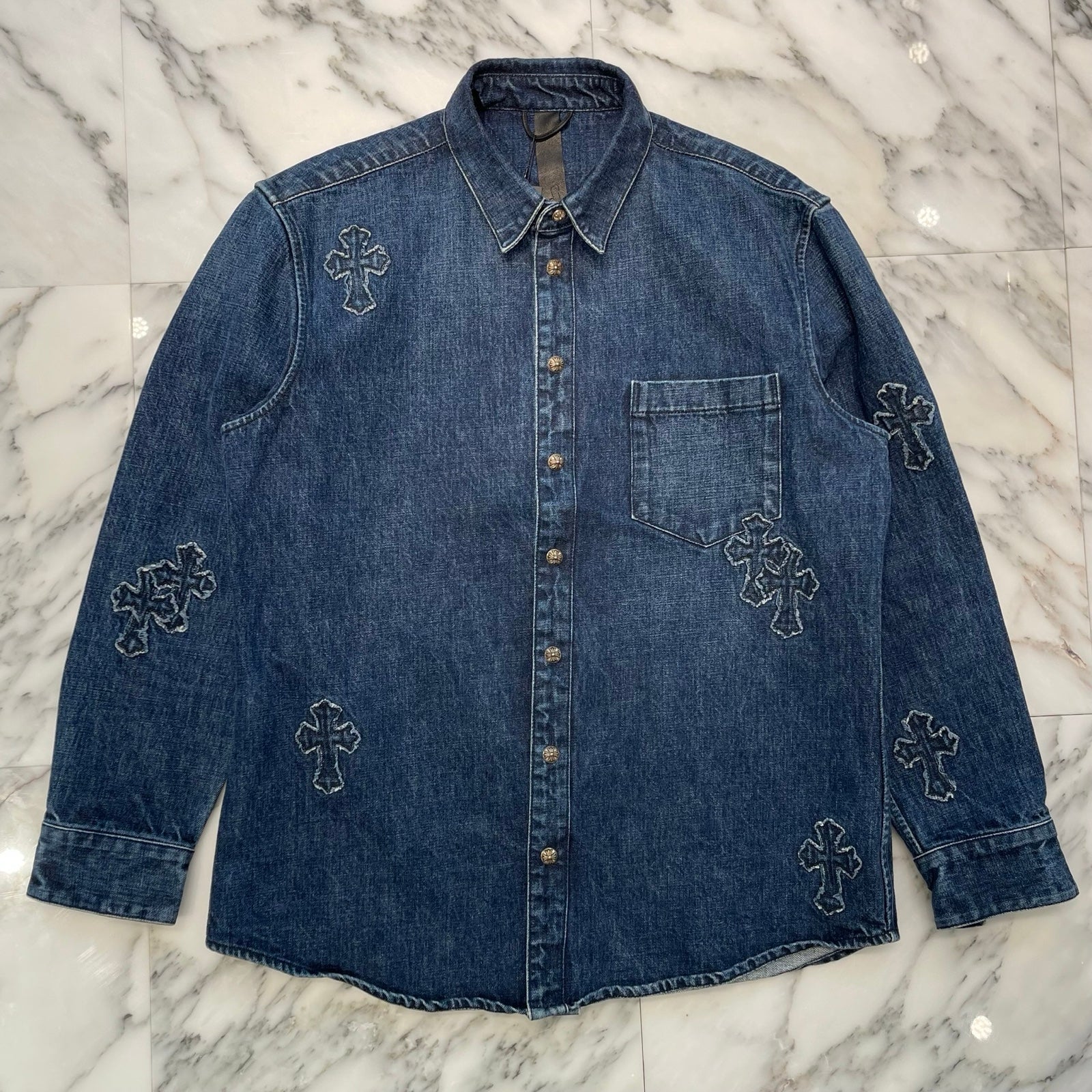 CHROME HEARTS Loose Ends Denim Cross Patch Shirt Size XL