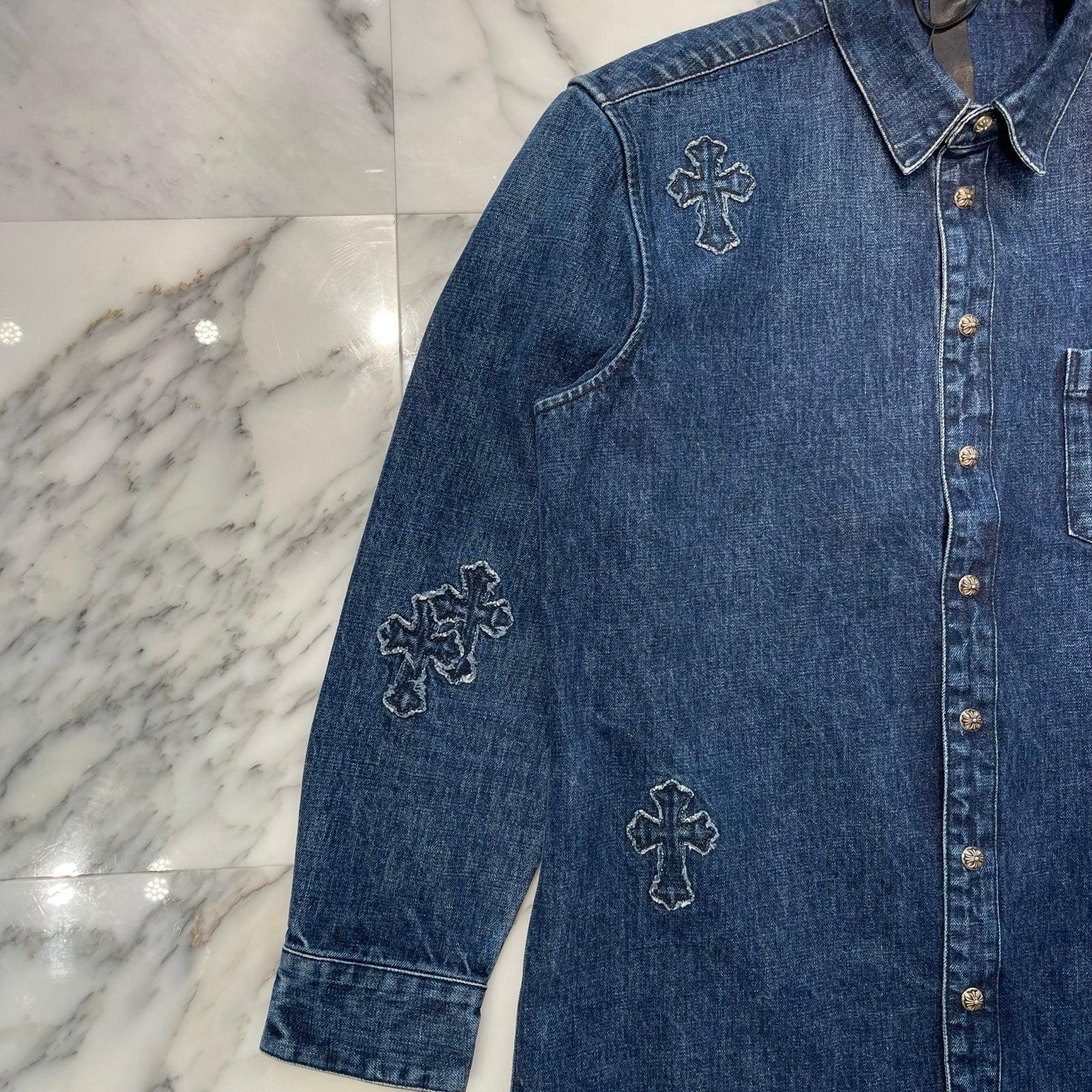 CHROME HEARTS Loose Ends Denim Cross Patch Shirt Size XL