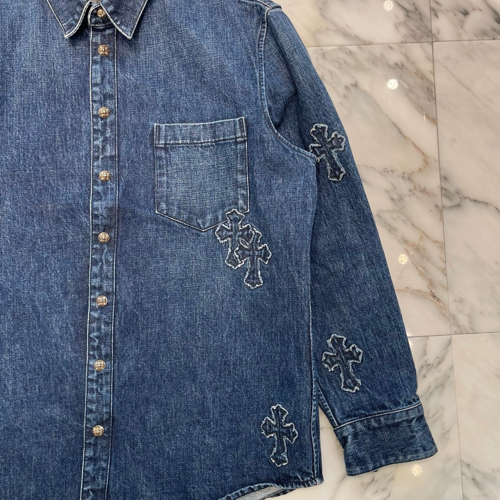 CHROME HEARTS Loose Ends Denim Cross Patch Shirt Size XL