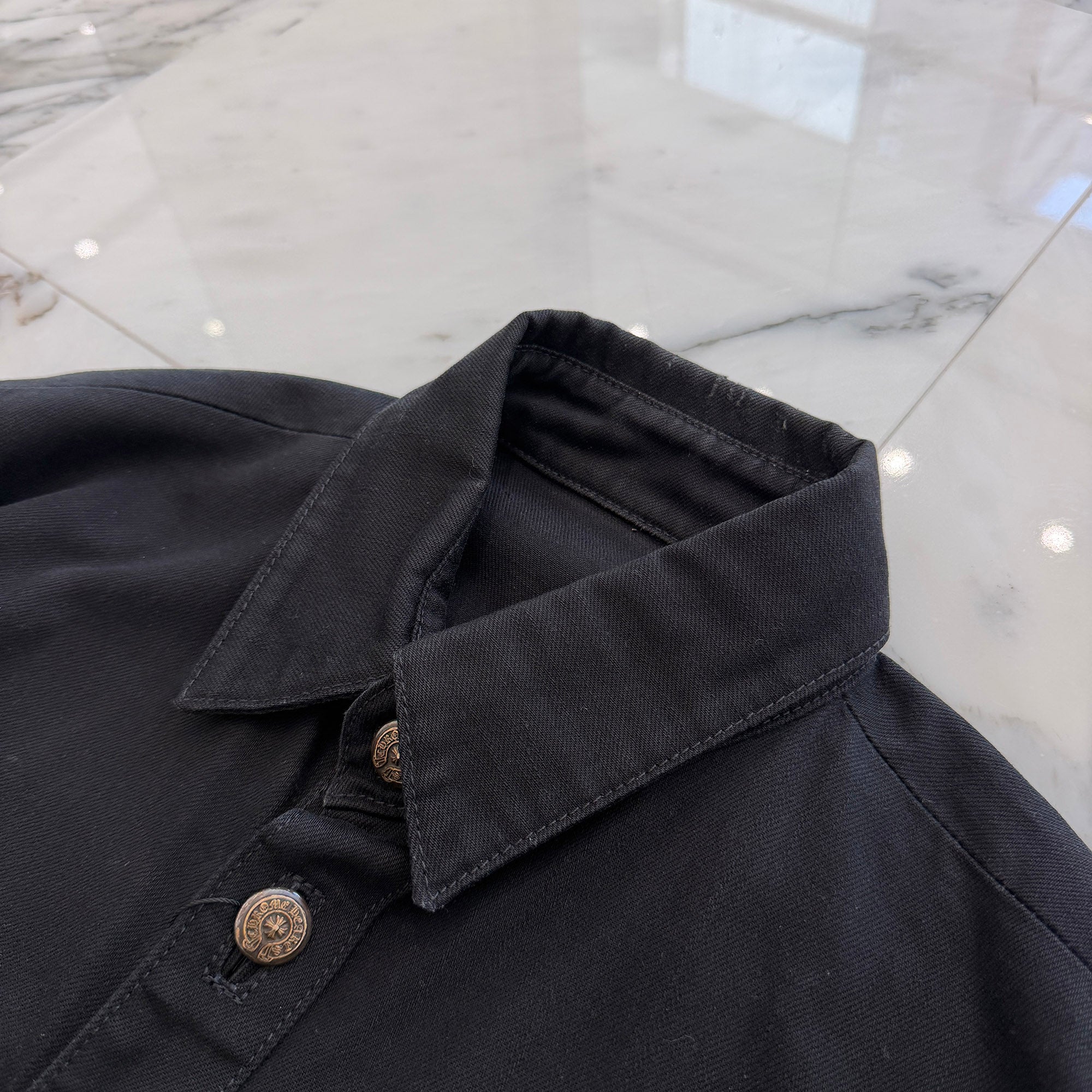 CHROME HEARTS Back Fleury Horseshoe Button Western Denim Shirt Jacket Size M クロムハーツ バックフレアニー ホースシューボタン ウエスタンデニムシャツジャケット サイズM