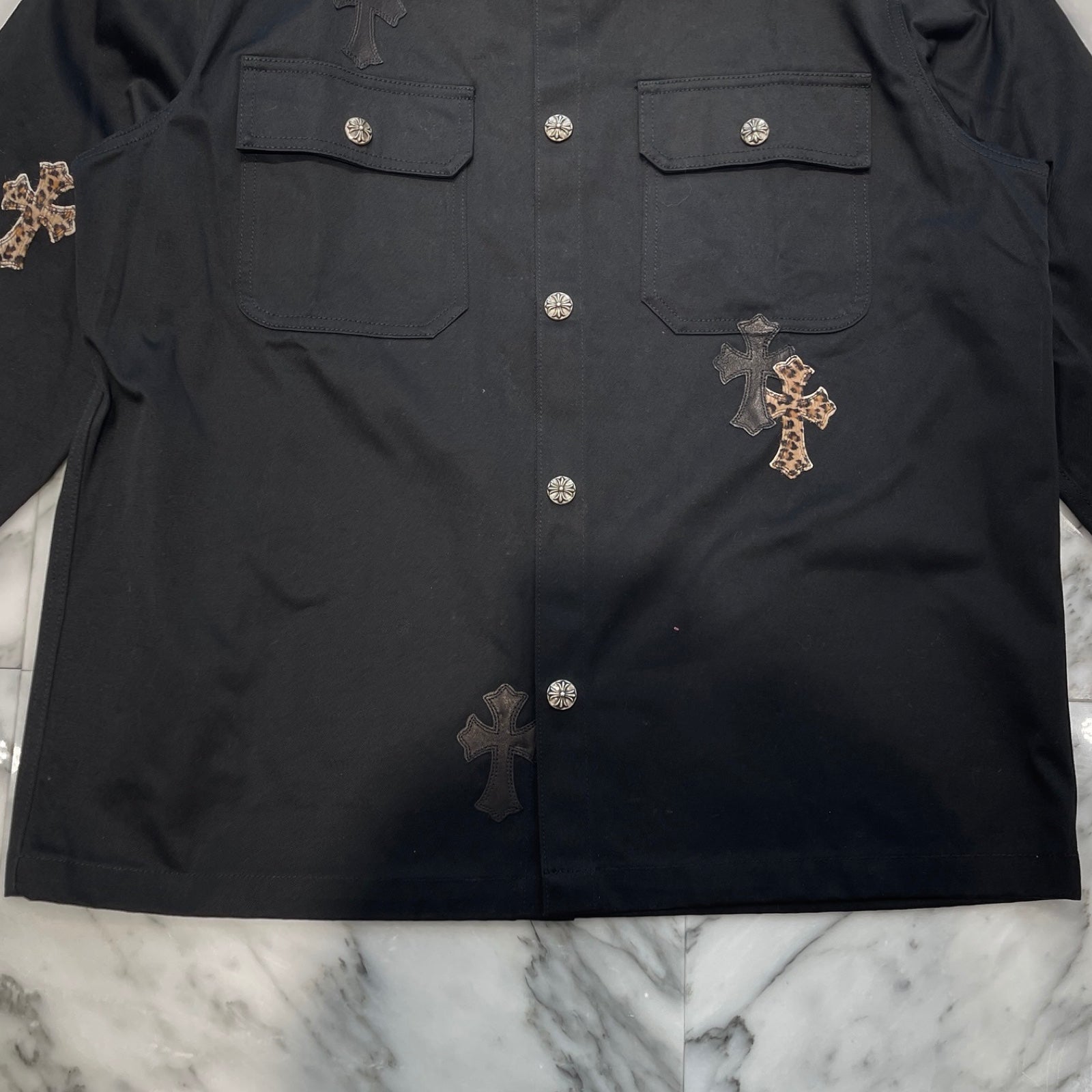 CHROME HEARTS Y NOT Leopard Leather Cross Patch WORK DOG Jacket Size XL クロムハーツ ワイノット レオパルド レザークロスパッチ ワークドッグ ジャケット サイズXL