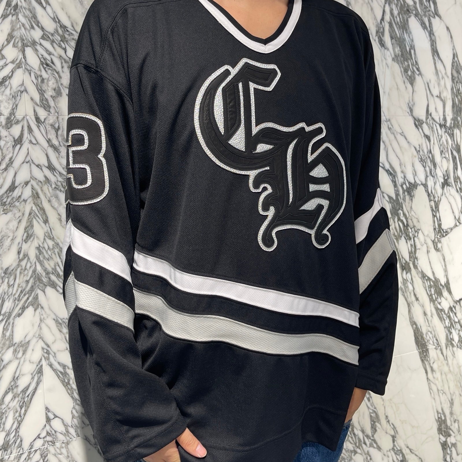 CHROME HEARTS Leather Silver Cross Patch Hockey Shirt Size M クロムハ―ツ レザーシルバークロスパッチ ホッケーシャツ ジャージー サイズM