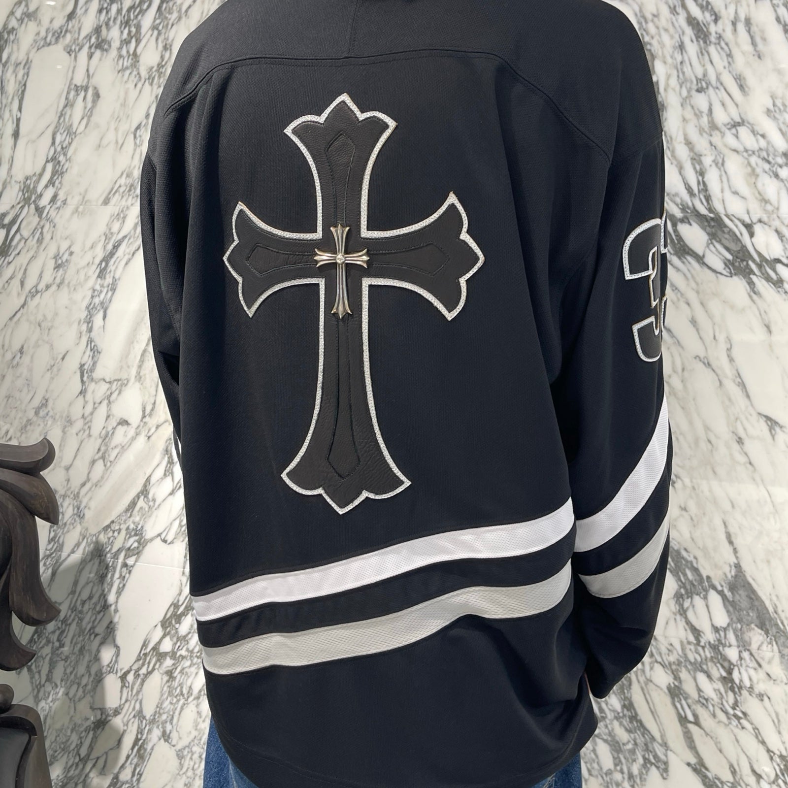 CHROME HEARTS Leather Silver Cross Patch Hockey Shirt Size M クロムハ―ツ レザーシルバークロスパッチ ホッケーシャツ ジャージー サイズM