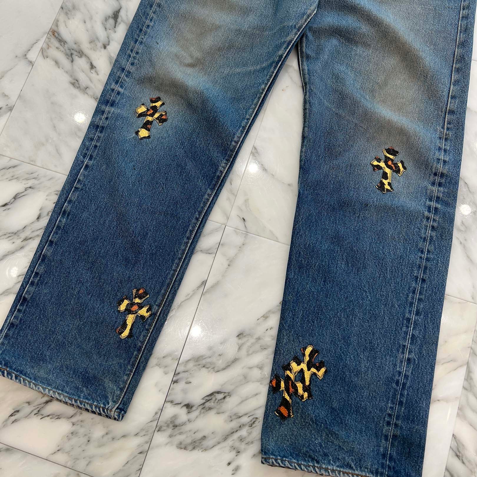 CHROME HEARTS × Levi's 501 VNTG Patent Leopard Leather Cross Patch Jeans Size 33 クロムハーツ × リーバイス 501 ヴィンテージ パテント レオパード レザークロスパッチ ジーンズ デニムパンツ サイズ33