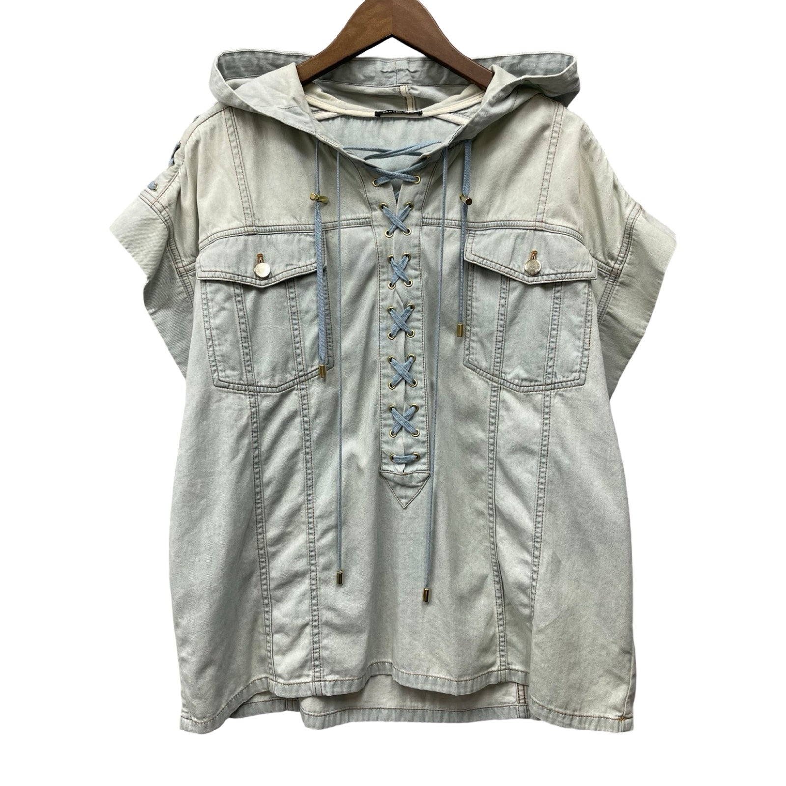 BALMAIN Lace Up Denim Short Sleeve Hoodie S7H8024044 Size XS