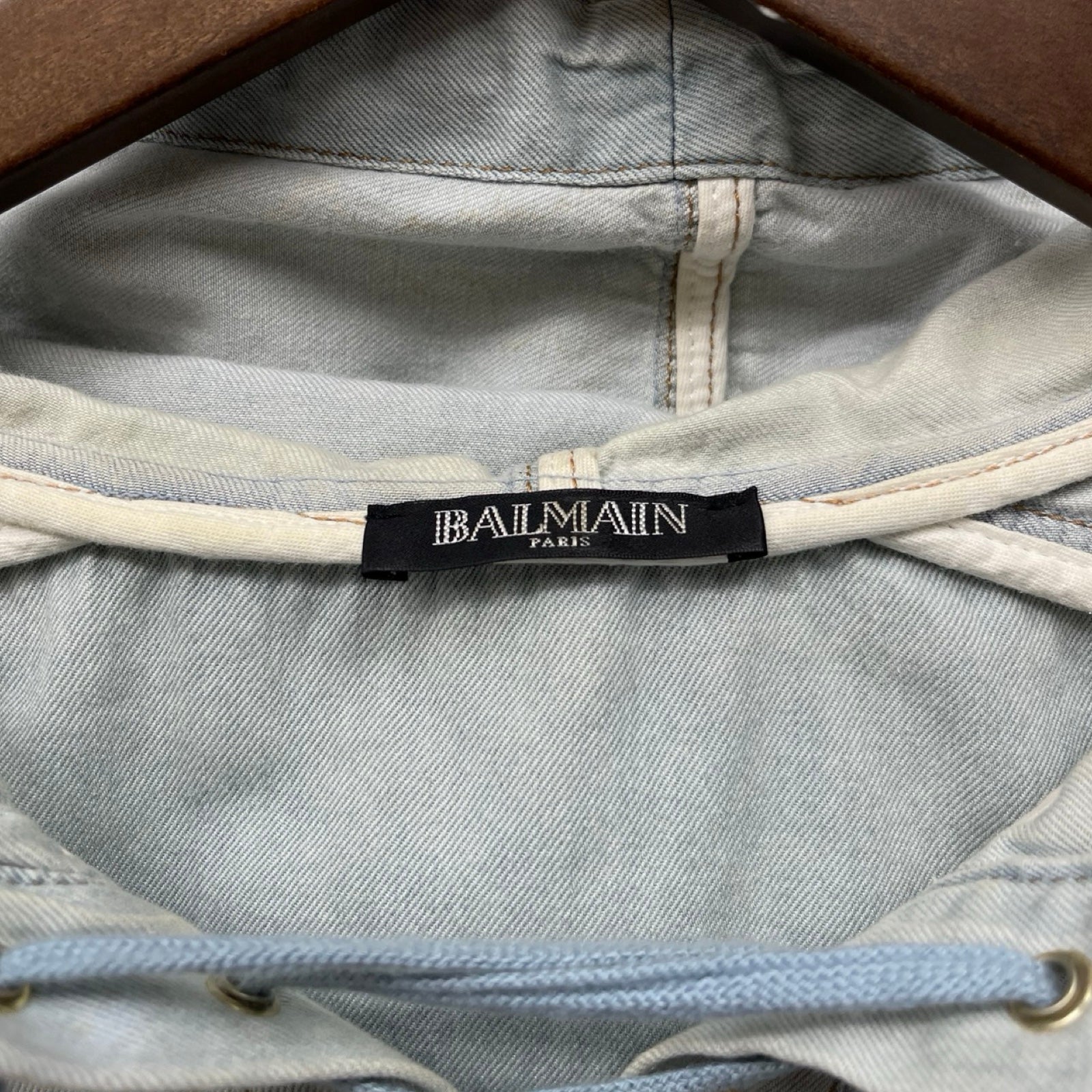 BALMAIN Lace Up Denim Short Sleeve Hoodie S7H8024044 Size XS