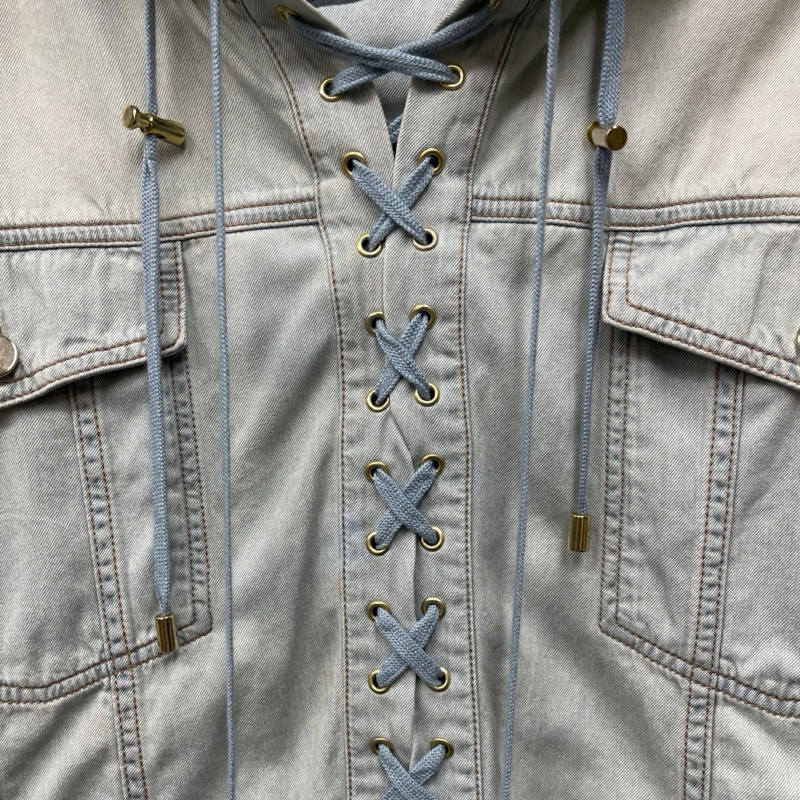 BALMAIN Lace Up Denim Short Sleeve Hoodie S7H8024044 Size XS