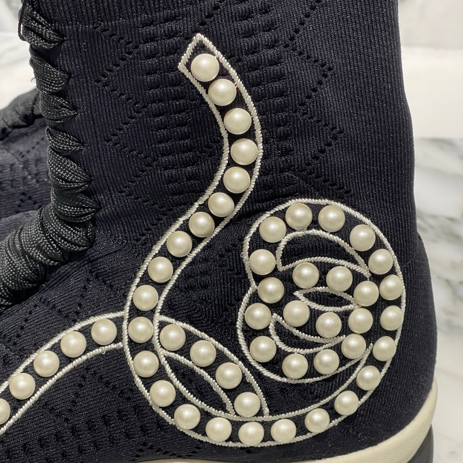 FENDI Black Knit Fabric Pearl Embellished Slip On High Top Sneakers Size 37(23.5cm) フェンディ ブラックニット フェイクパール装飾 スリッポン ハイトップ スニーカー サイズ37(23.5cm)