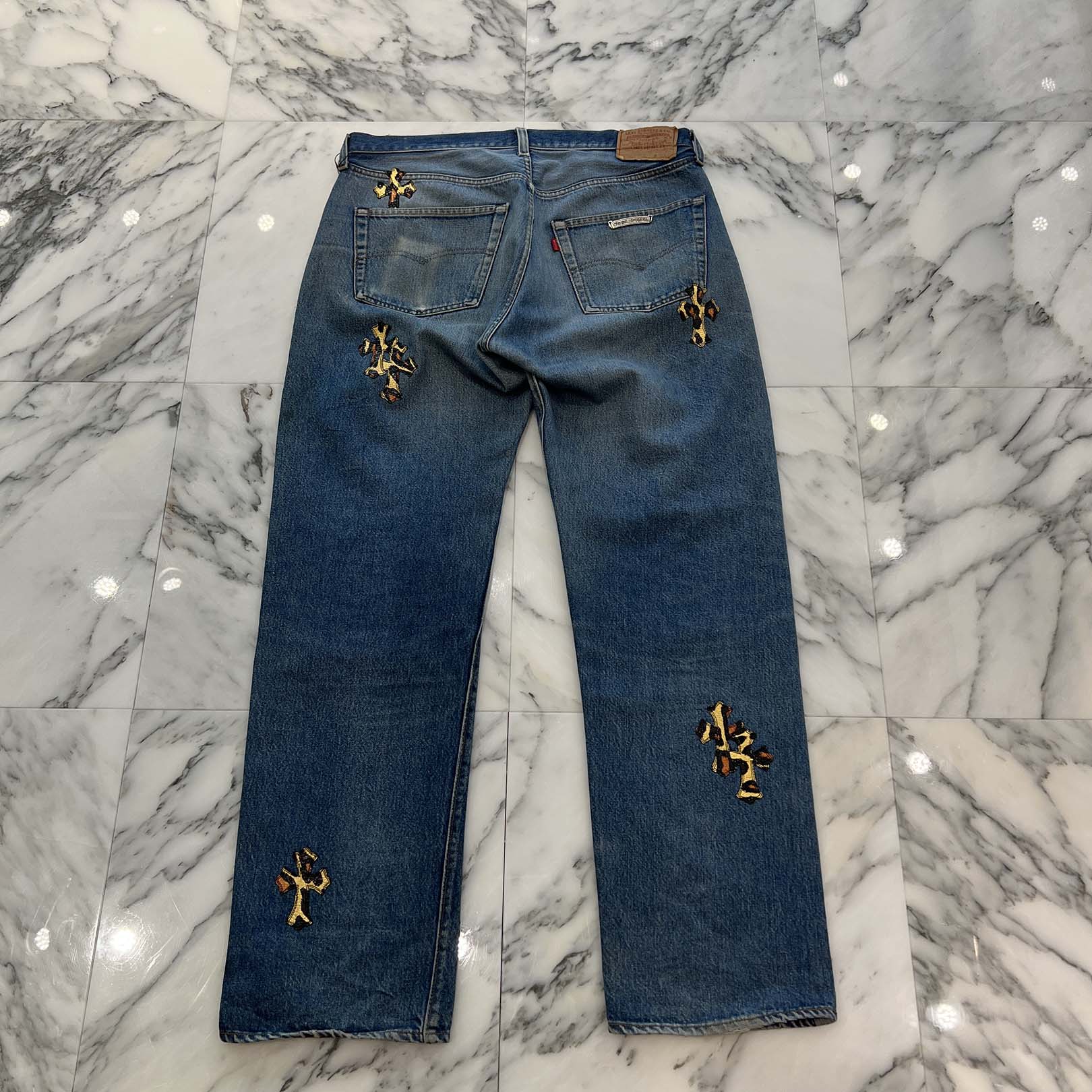 CHROME HEARTS × Levi's 501 VNTG Patent Leopard Leather Cross Patch Jeans Size 33 クロムハーツ × リーバイス 501 ヴィンテージ パテント レオパード レザークロスパッチ ジーンズ デニムパンツ サイズ33
