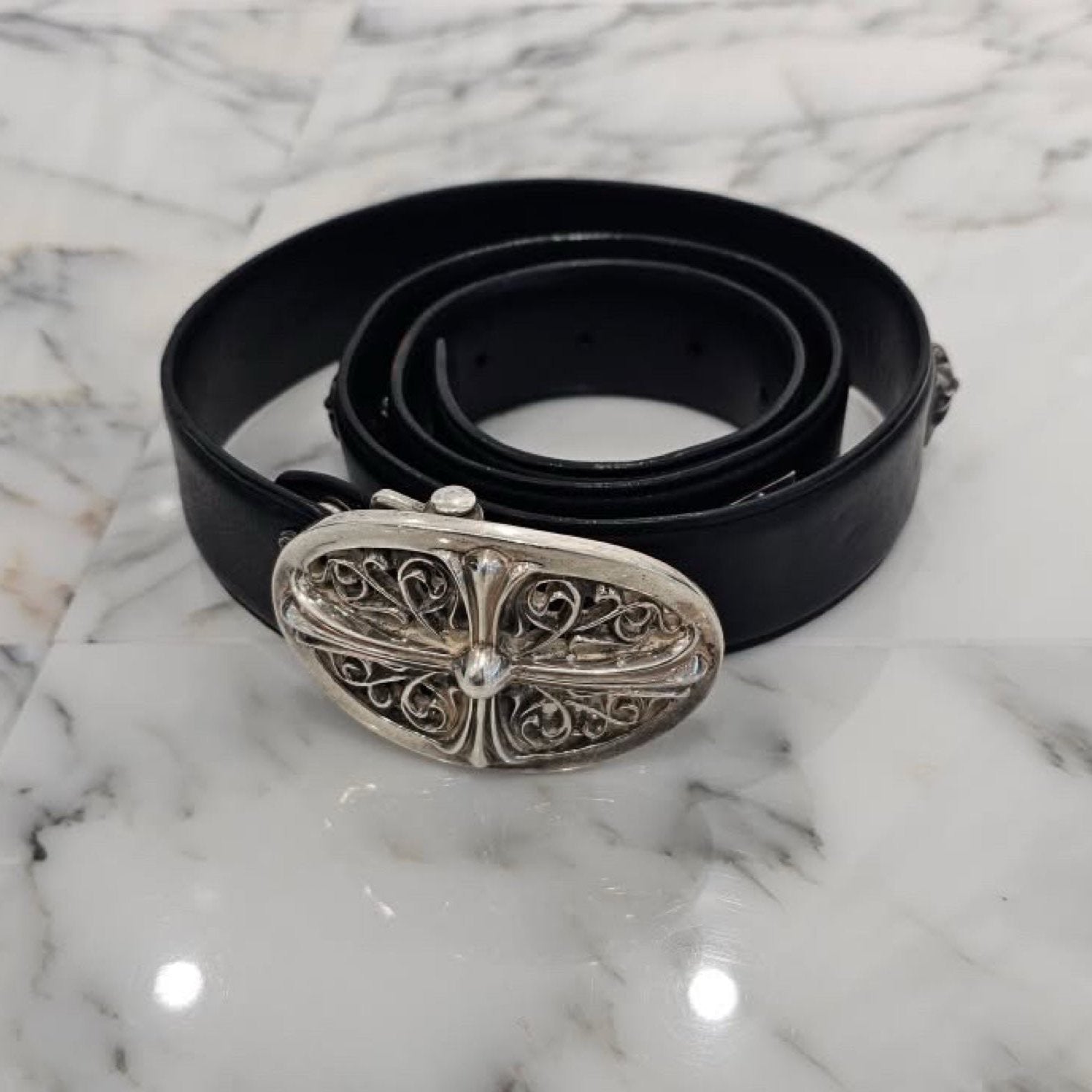 CHROME HEARTS Classic Oval Cross CH Plus Studs Buckle Belt Size 38 Inch