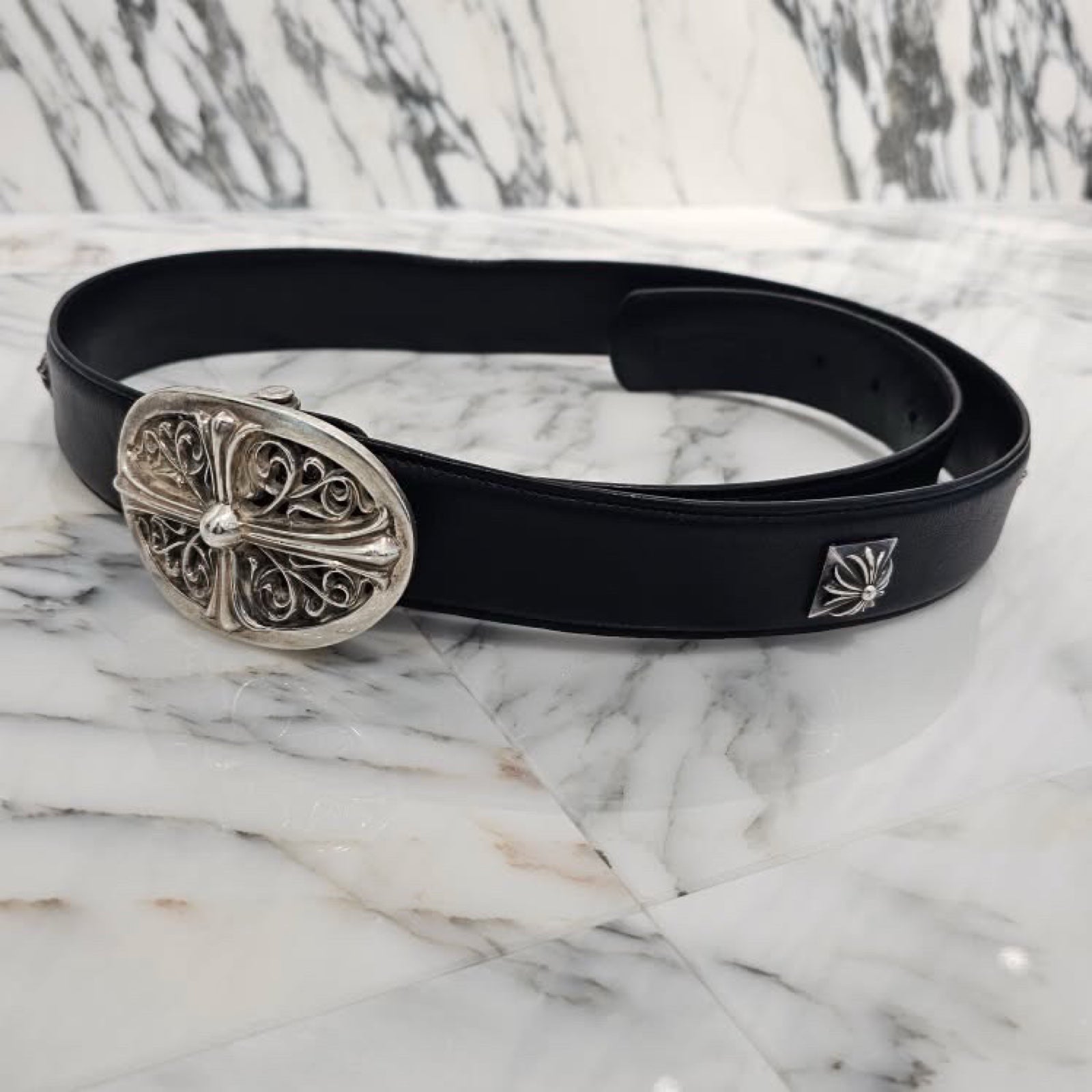 CHROME HEARTS Classic Oval Cross CH Plus Studs Buckle Belt Size 38 Inch