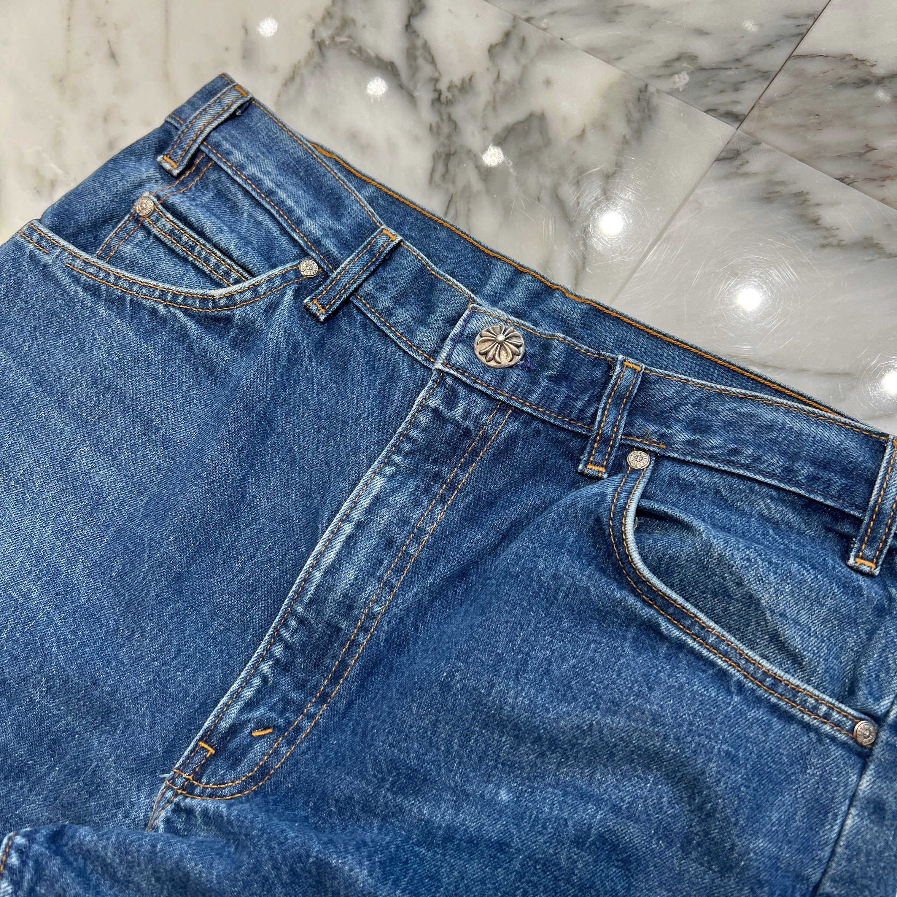 CHROME HEARTS × Levi's 505 VNTG Cemetery Leather Cross Patch Denim Pants Size 34 クロムハーツ × リーバイス 505 ヴィンテージ セメタリーレザークロスパッチ デニムパンツ サイズ34