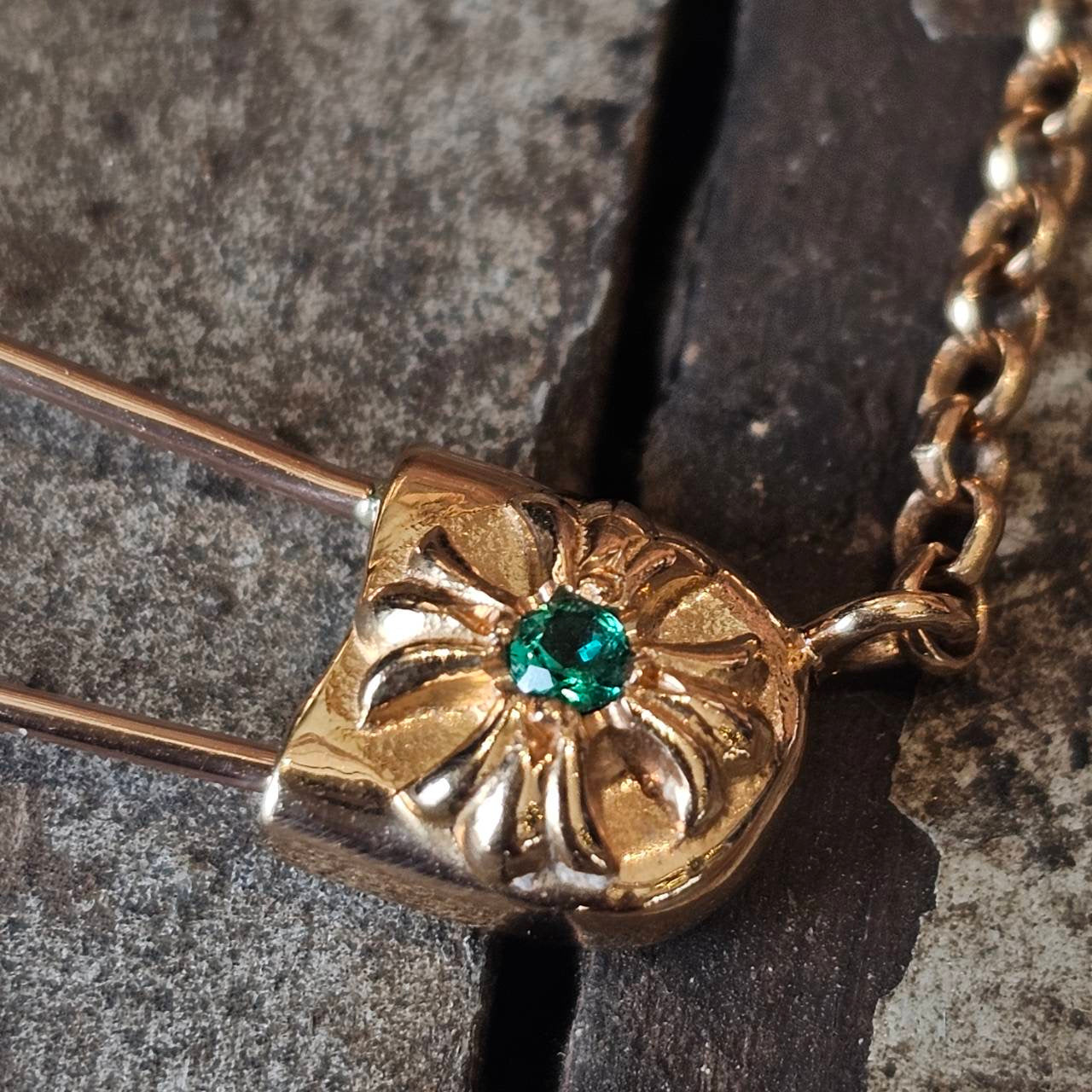 CHROME HEARTS 22K Safety Pin 1 Emerald Roll Chain Necklace Size 16