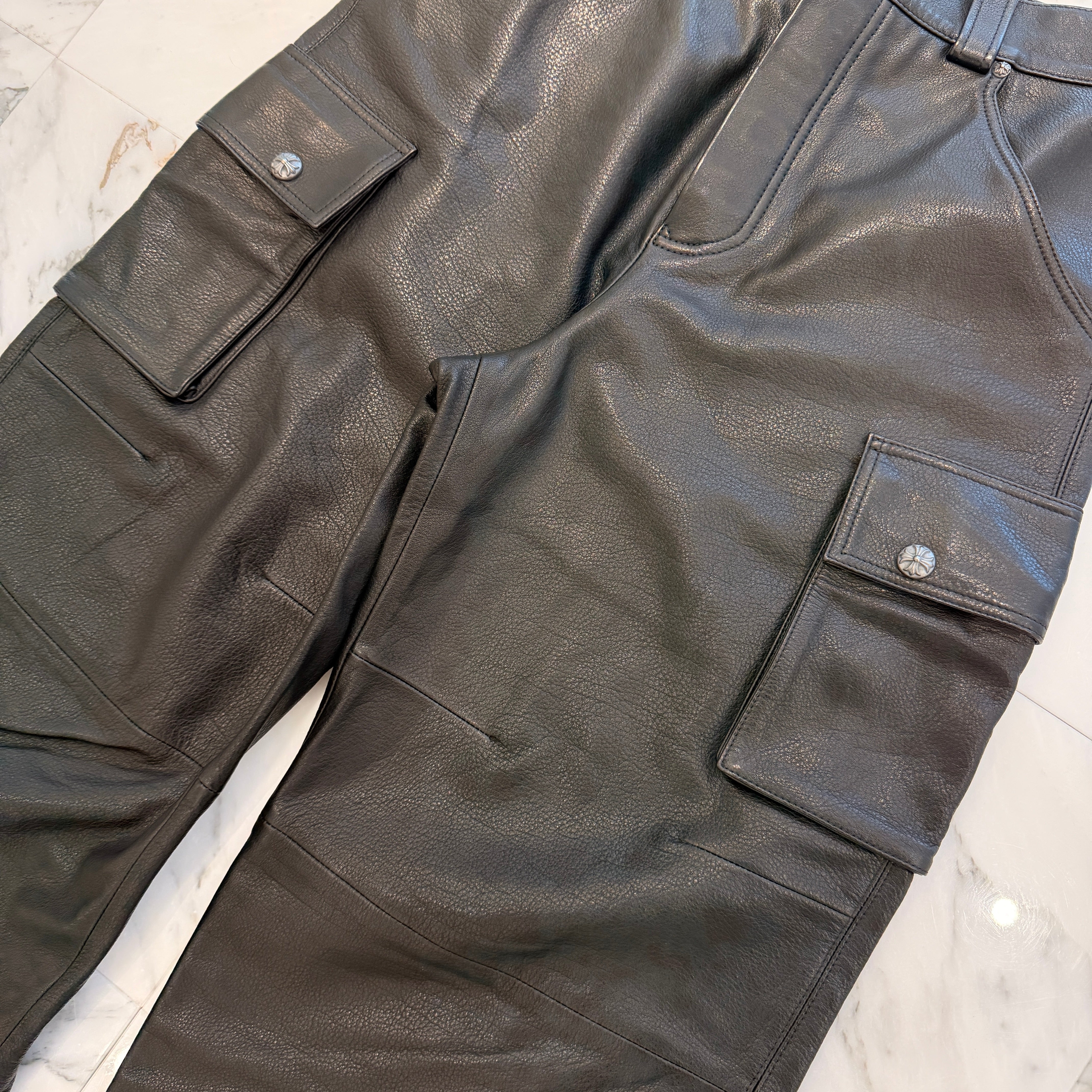 CHROME HEARTS Cross Ball Button Leather Cargo Pants Size 32 クロムハーツ クロスボールボタン レザー カーゴパンツ サイズ32