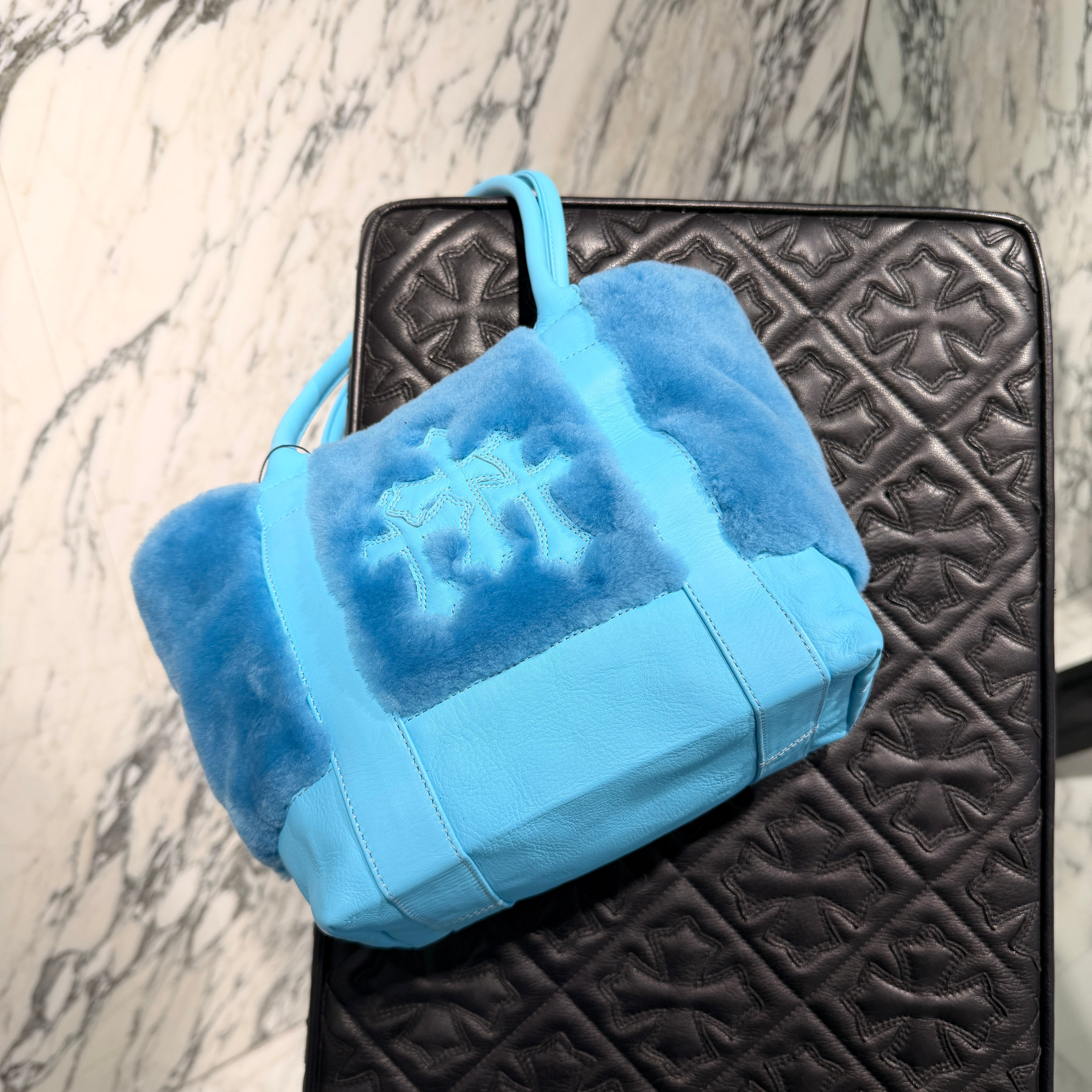 CHROME HEARTS Blue 3 Cemetery Cross Patch Fur Leather Tote Mini Bag クロムハーツ ブルー3セメタリークロスパッチ ファーレザートートミニバッグ