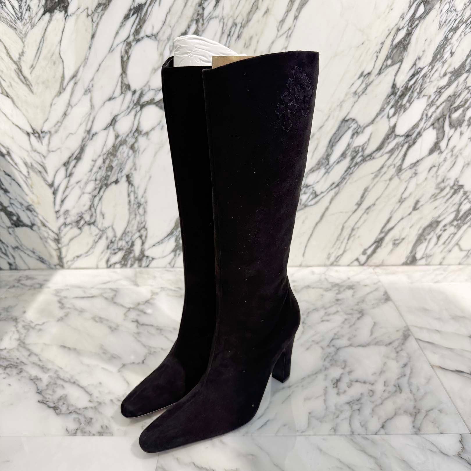 CHROME HEARTS SUGER JONES Triple Cross Suede Leather Patch Heel boots Size 40(約25.0cm) クロムハーツ シュガージョーンズ トリプルクロス スウェード レザーパッチ ヒールブーツ サイズ40(約25.0cm)