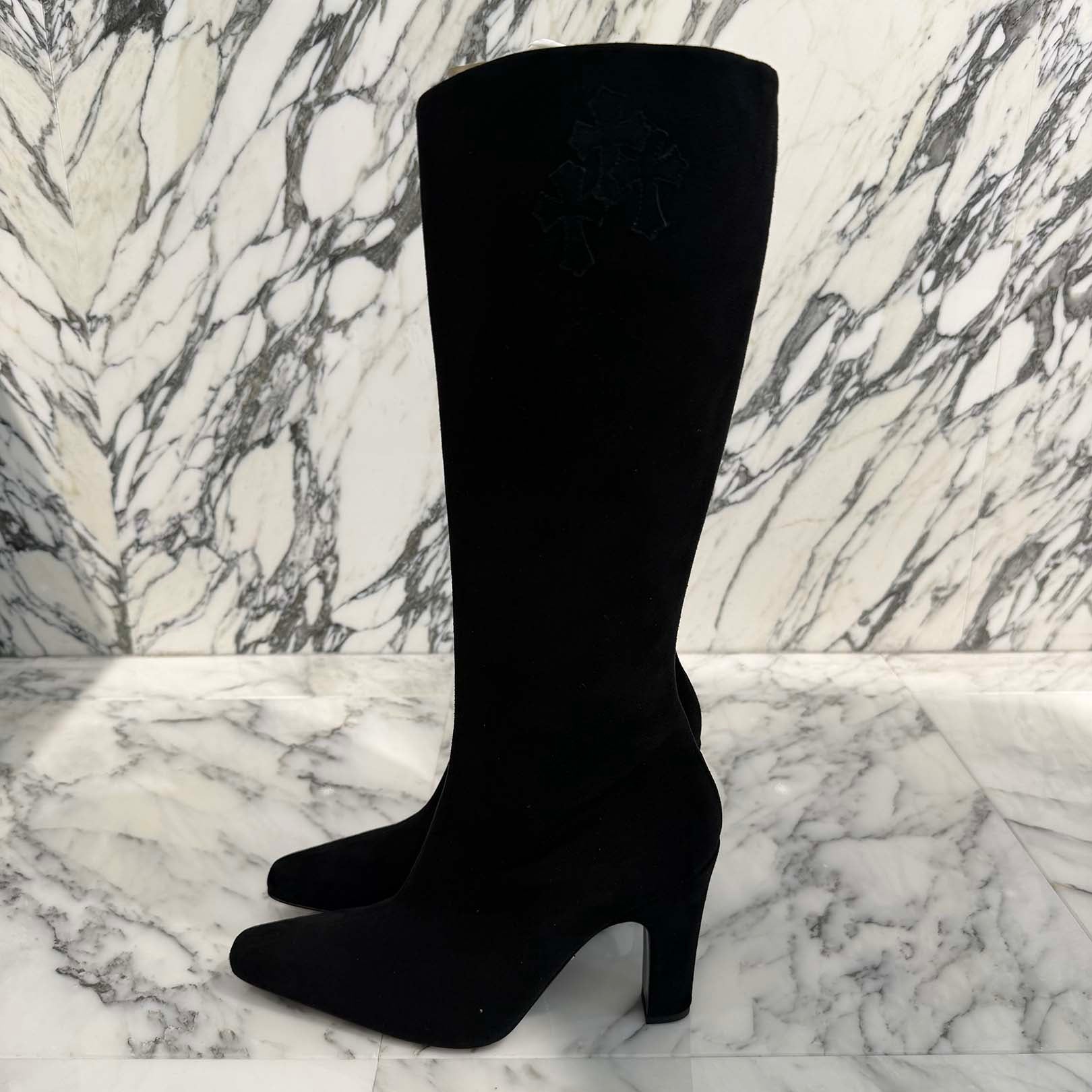 CHROME HEARTS SUGER JONES Triple Cross Suede Leather Patch Heel boots Size 40(約25.0cm) クロムハーツ シュガージョーンズ トリプルクロス スウェード レザーパッチ ヒールブーツ サイズ40(約25.0cm)