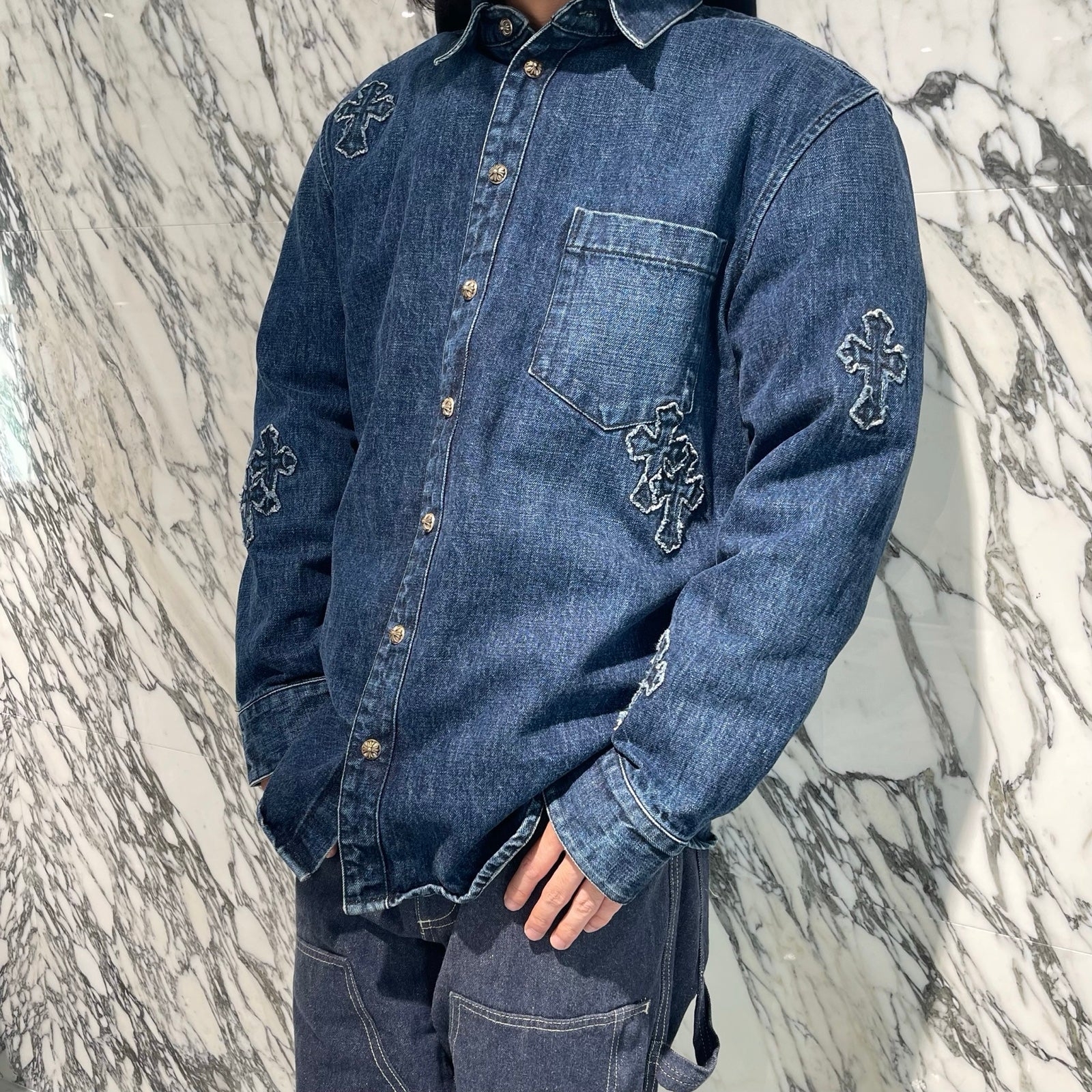 CHROME HEARTS Loose Ends Denim Cross Patch Shirt Size XL