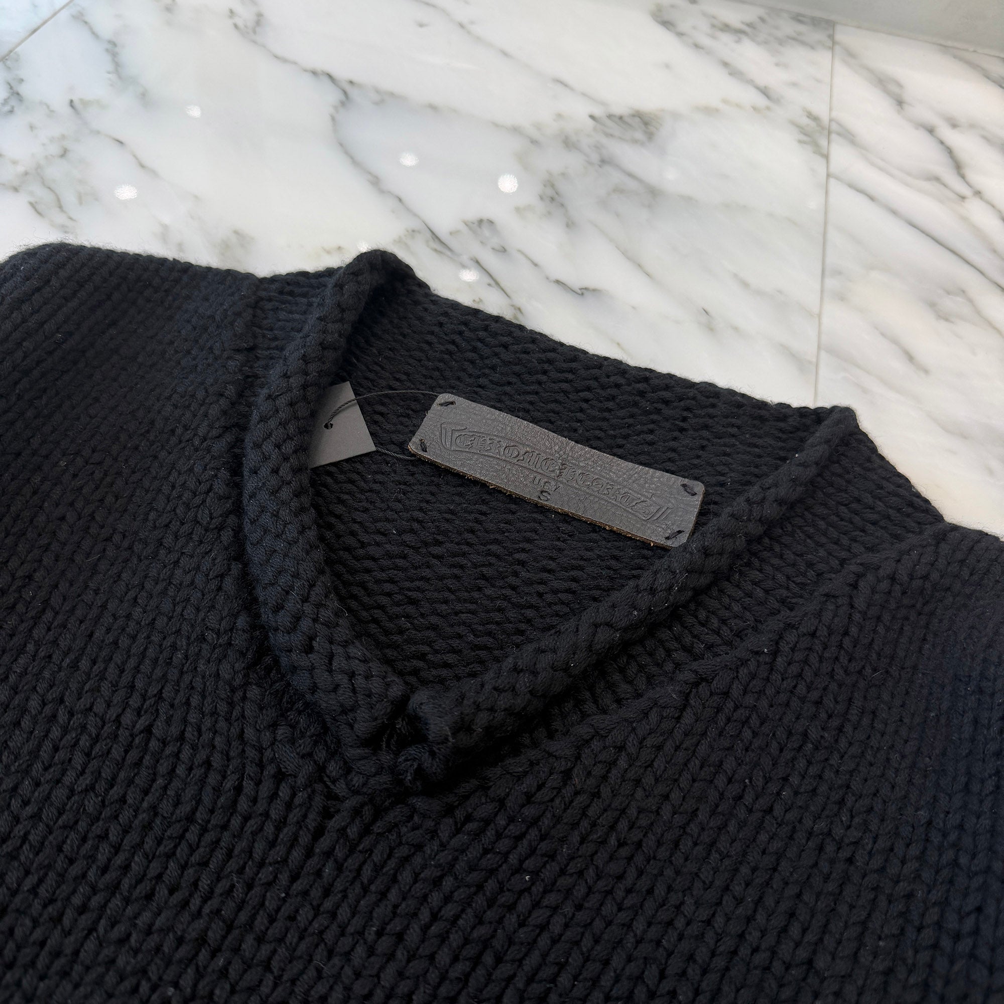 CHROME HEARTS Y NOT BS Flare Leather Patch Cashmere Thumbhole Knit Sweater Size S クロムハーツ ド ワイノット BS フレア レザーパッチ カシミヤ サムホール ニット セーター サイズS