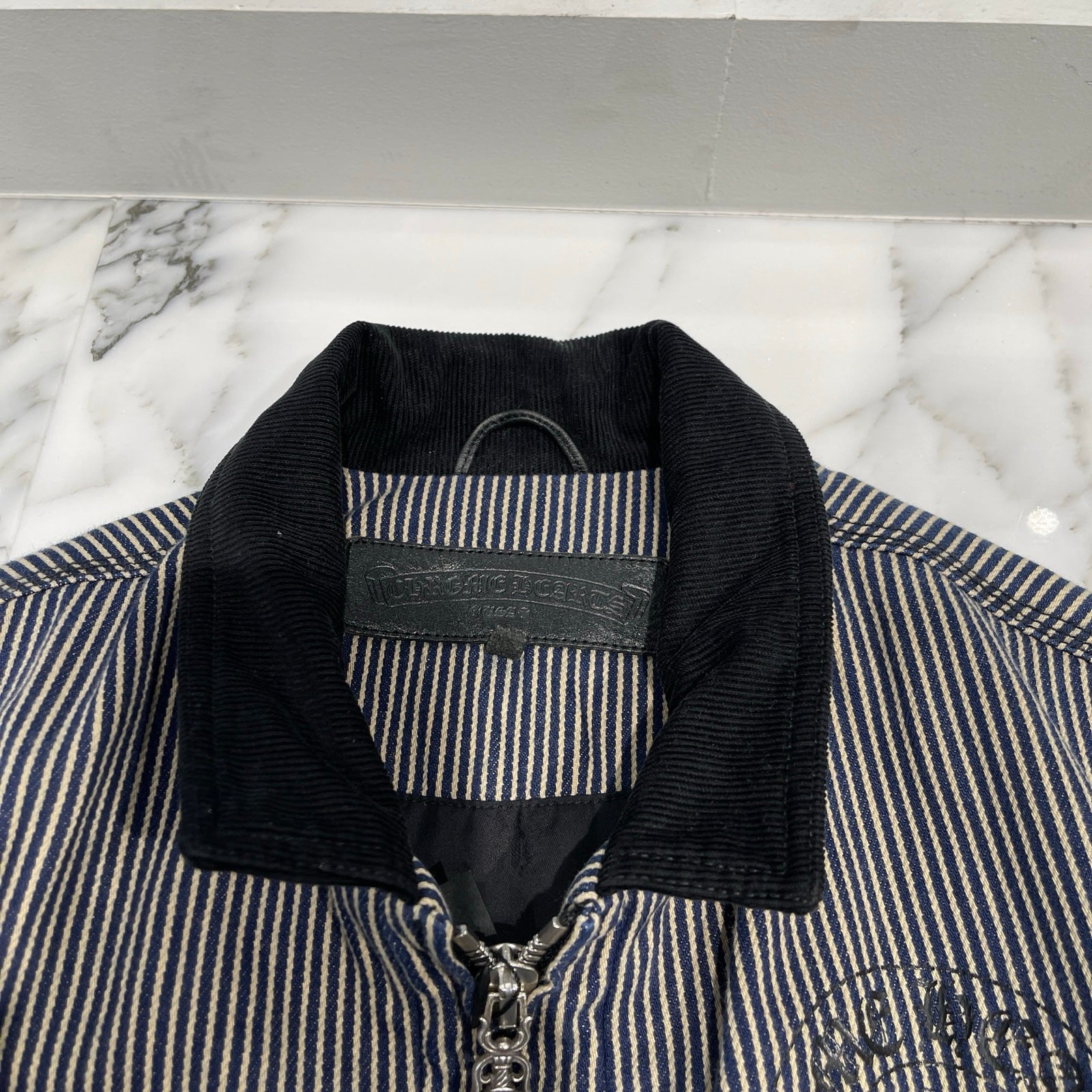 CHROME HEARTS WORK DOG Hickory Stripes Denim Zip Up Jacket Size M