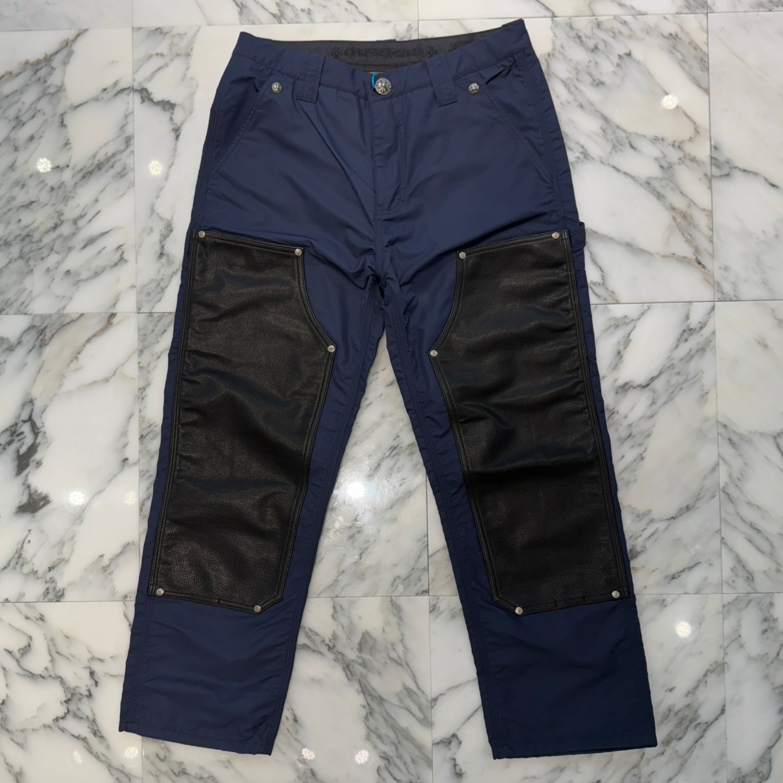 CHROME HEARTS Carpenter Leather Double Knee Nylon Yellow Cross Patch Pants Size 29 クロムハーツ カーペンター レザーダブルニー ナイロン イエロークロスパッチ ロングパンツ サイズ29