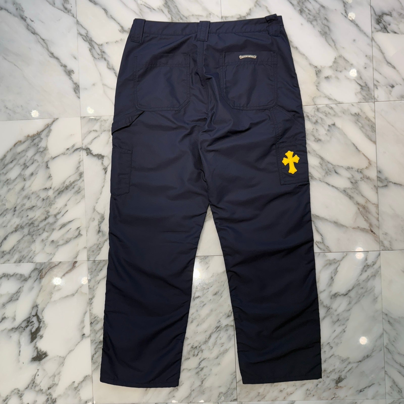 CHROME HEARTS Carpenter Leather Double Knee Nylon Yellow Cross Patch Pants Size 29 クロムハーツ カーペンター レザーダブルニー ナイロン イエロークロスパッチ ロングパンツ サイズ29