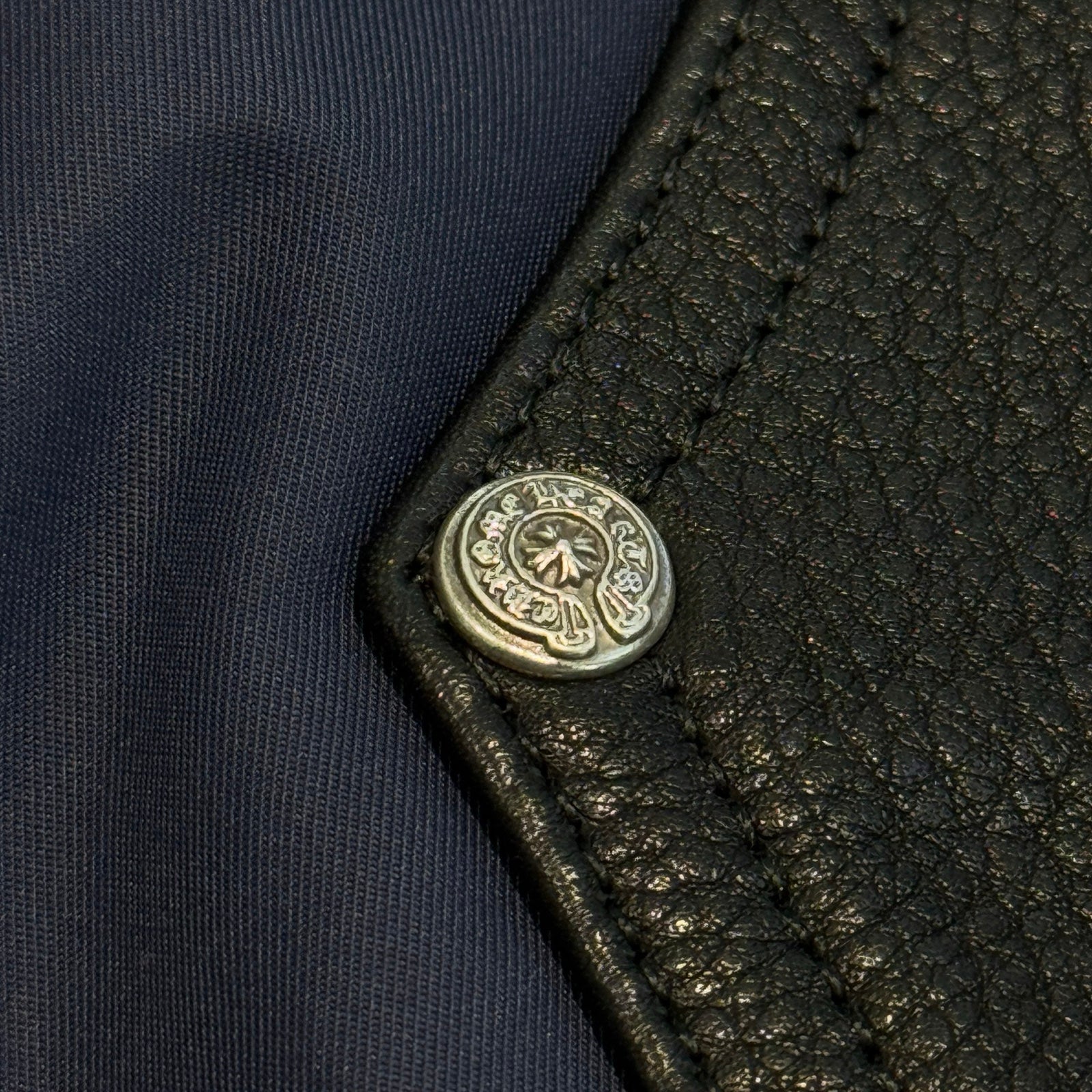 CHROME HEARTS Carpenter Leather Double Knee Nylon Yellow Cross Patch Pants Size 36 クロムハーツ カーペンター レザーダブルニー ナイロン イエロークロスパッチ ロングパンツ サイズ36