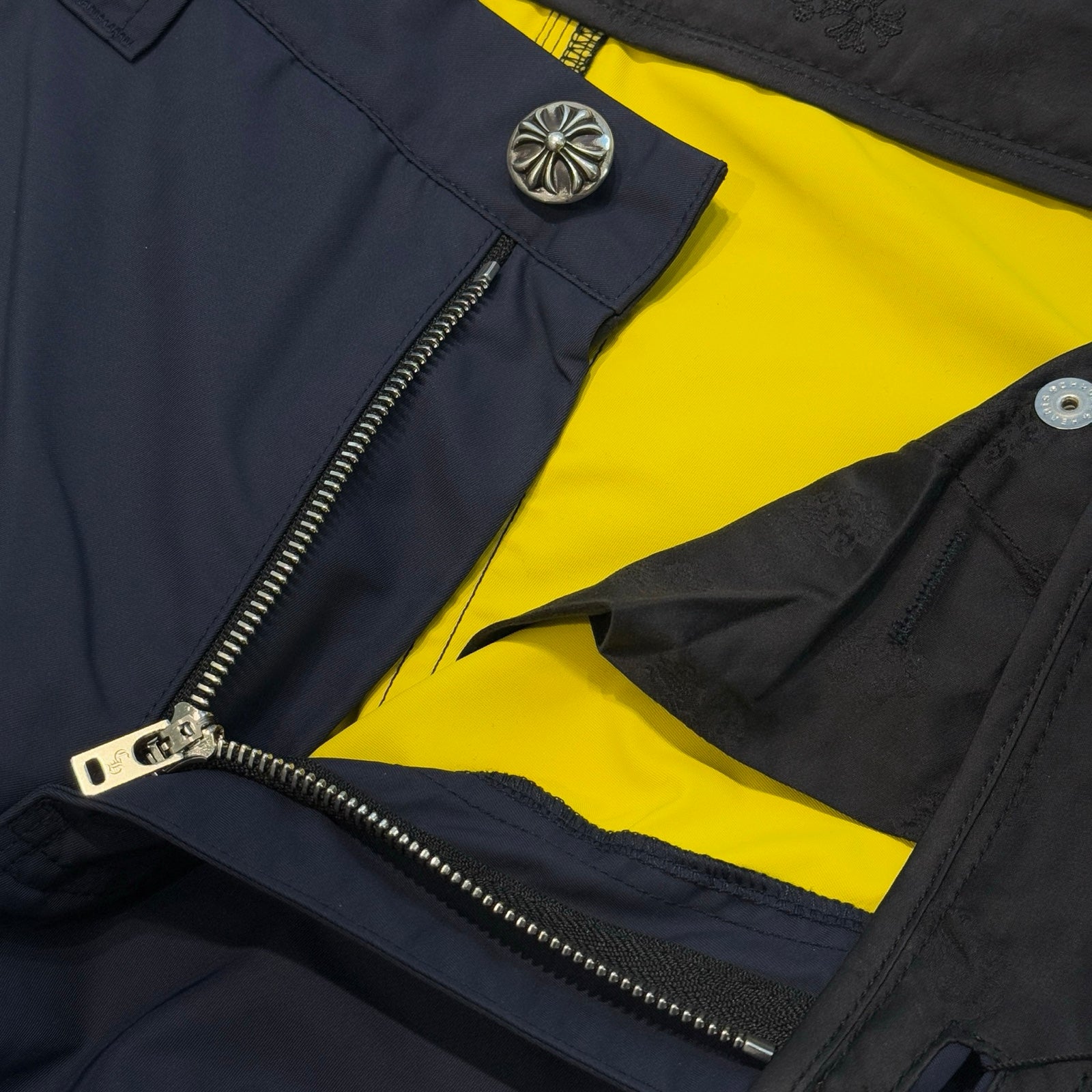 CHROME HEARTS Carpenter Leather Double Knee Nylon Yellow Cross Patch Pants Size 36 クロムハーツ カーペンター レザーダブルニー ナイロン イエロークロスパッチ ロングパンツ サイズ36