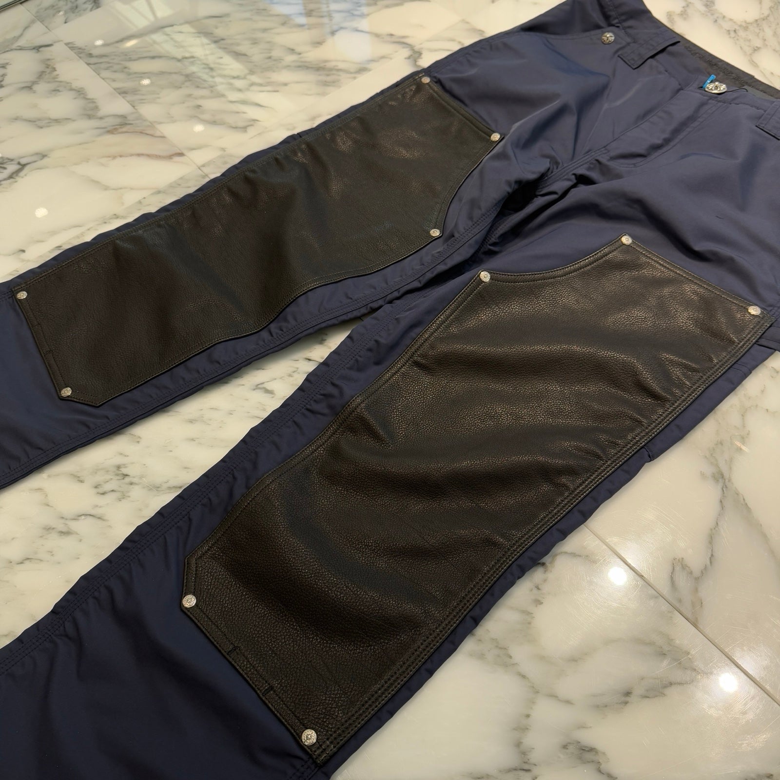 CHROME HEARTS Carpenter Leather Double Knee Nylon Yellow Cross Patch Pants Size 36 クロムハーツ カーペンター レザーダブルニー ナイロン イエロークロスパッチ ロングパンツ サイズ36