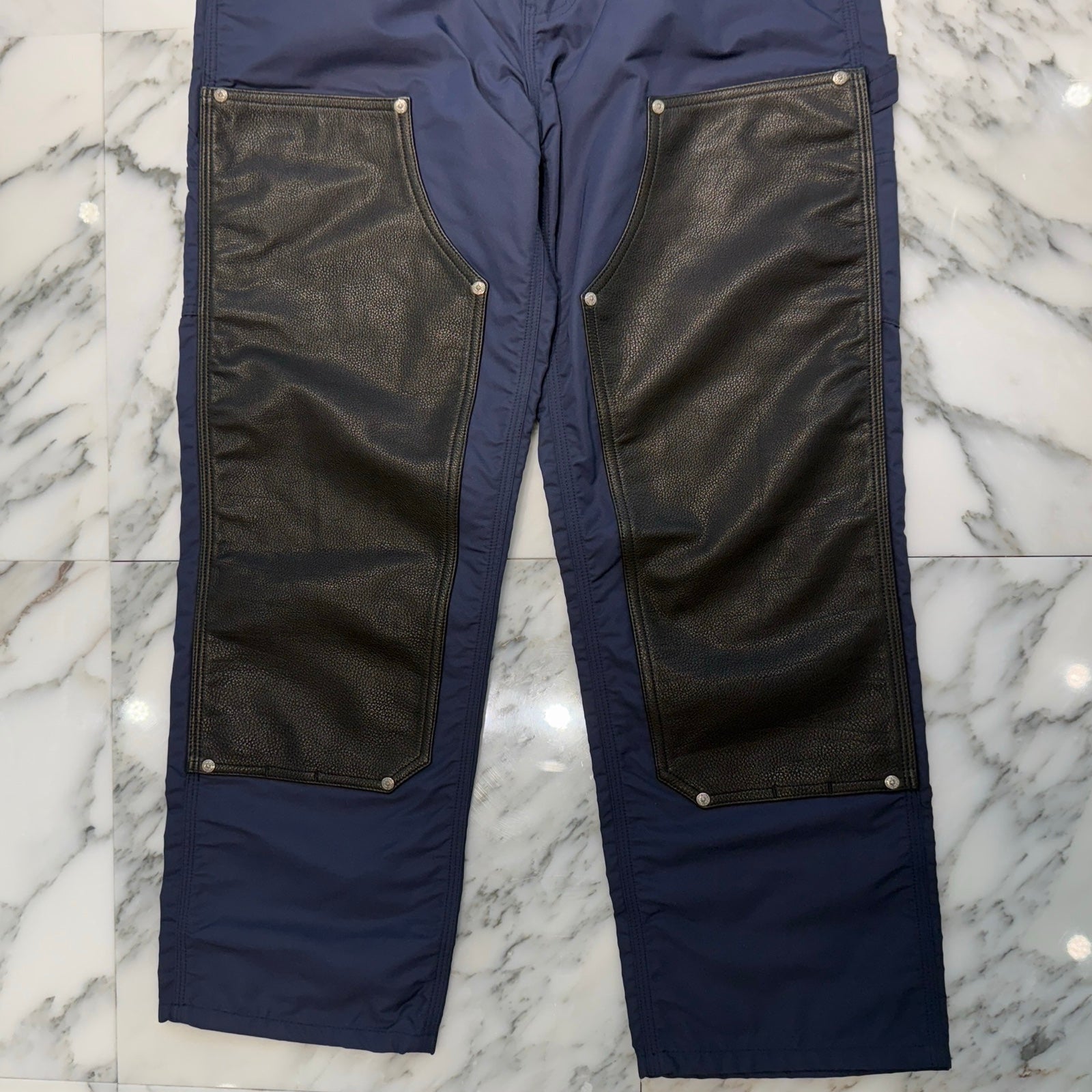 CHROME HEARTS Carpenter Leather Double Knee Nylon Yellow Cross Patch Pants Size 36 クロムハーツ カーペンター レザーダブルニー ナイロン イエロークロスパッチ ロングパンツ サイズ36