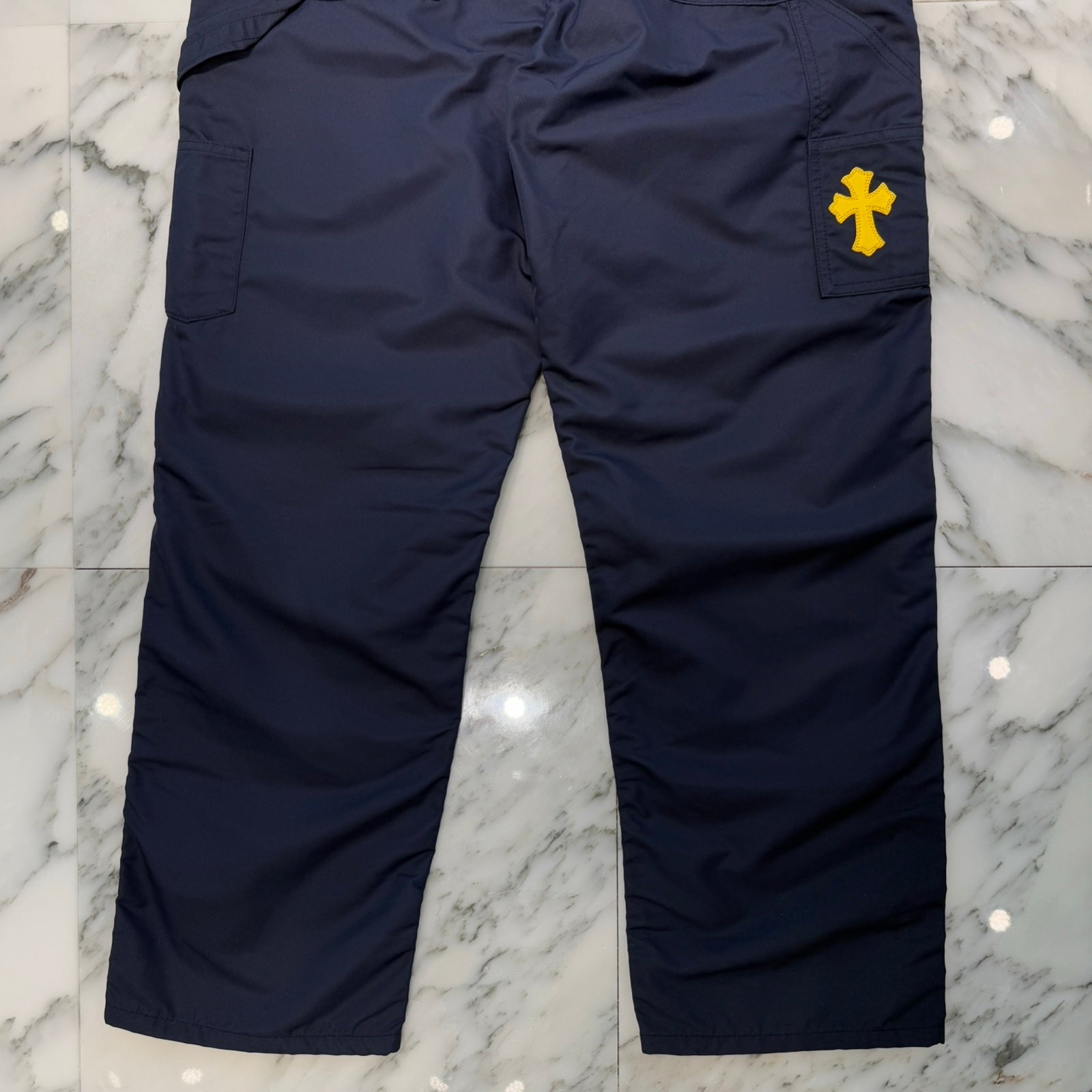 CHROME HEARTS Carpenter Leather Double Knee Nylon Yellow Cross Patch Pants Size 36 クロムハーツ カーペンター レザーダブルニー ナイロン イエロークロスパッチ ロングパンツ サイズ36