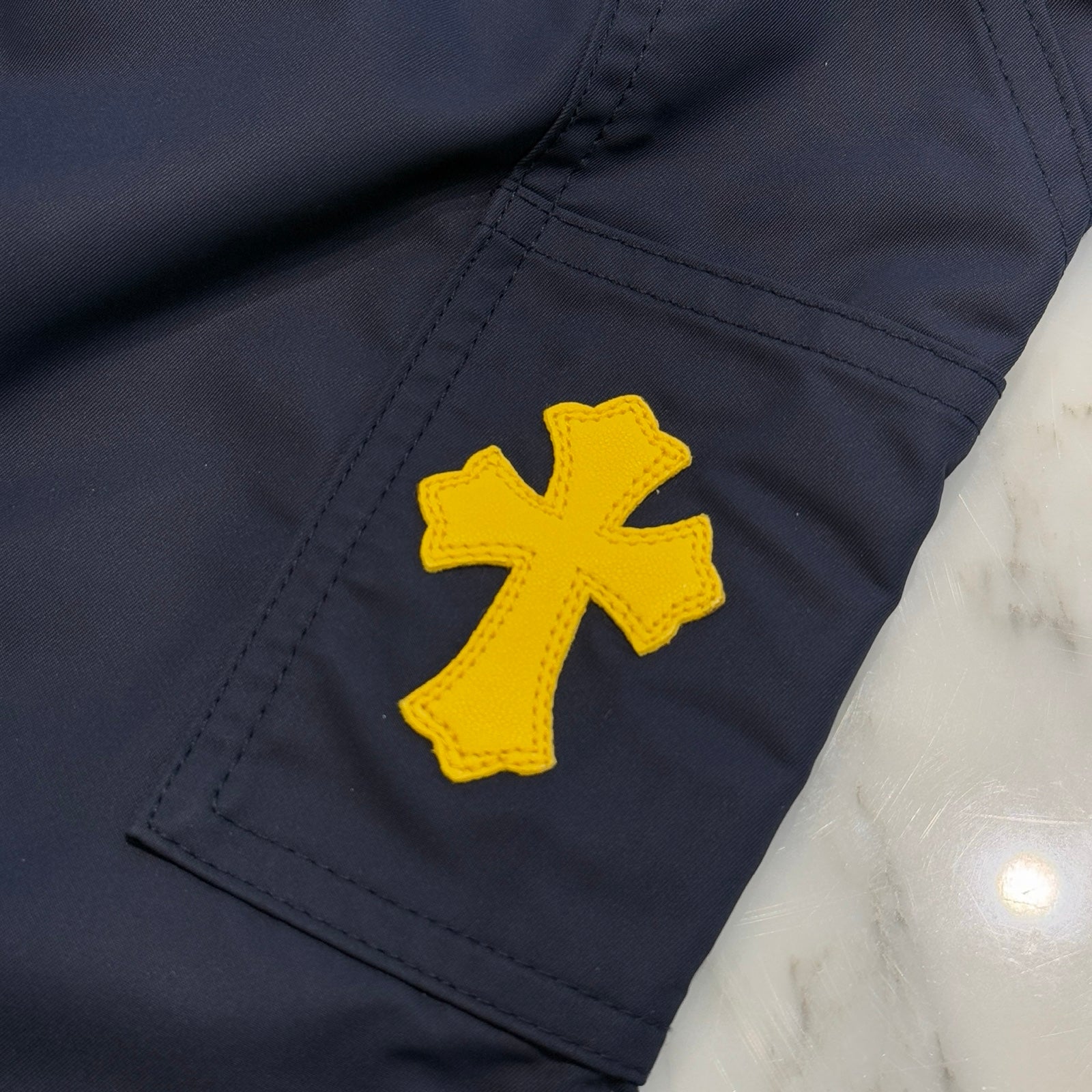 CHROME HEARTS Carpenter Leather Double Knee Nylon Yellow Cross Patch Pants Size 36 クロムハーツ カーペンター レザーダブルニー ナイロン イエロークロスパッチ ロングパンツ サイズ36